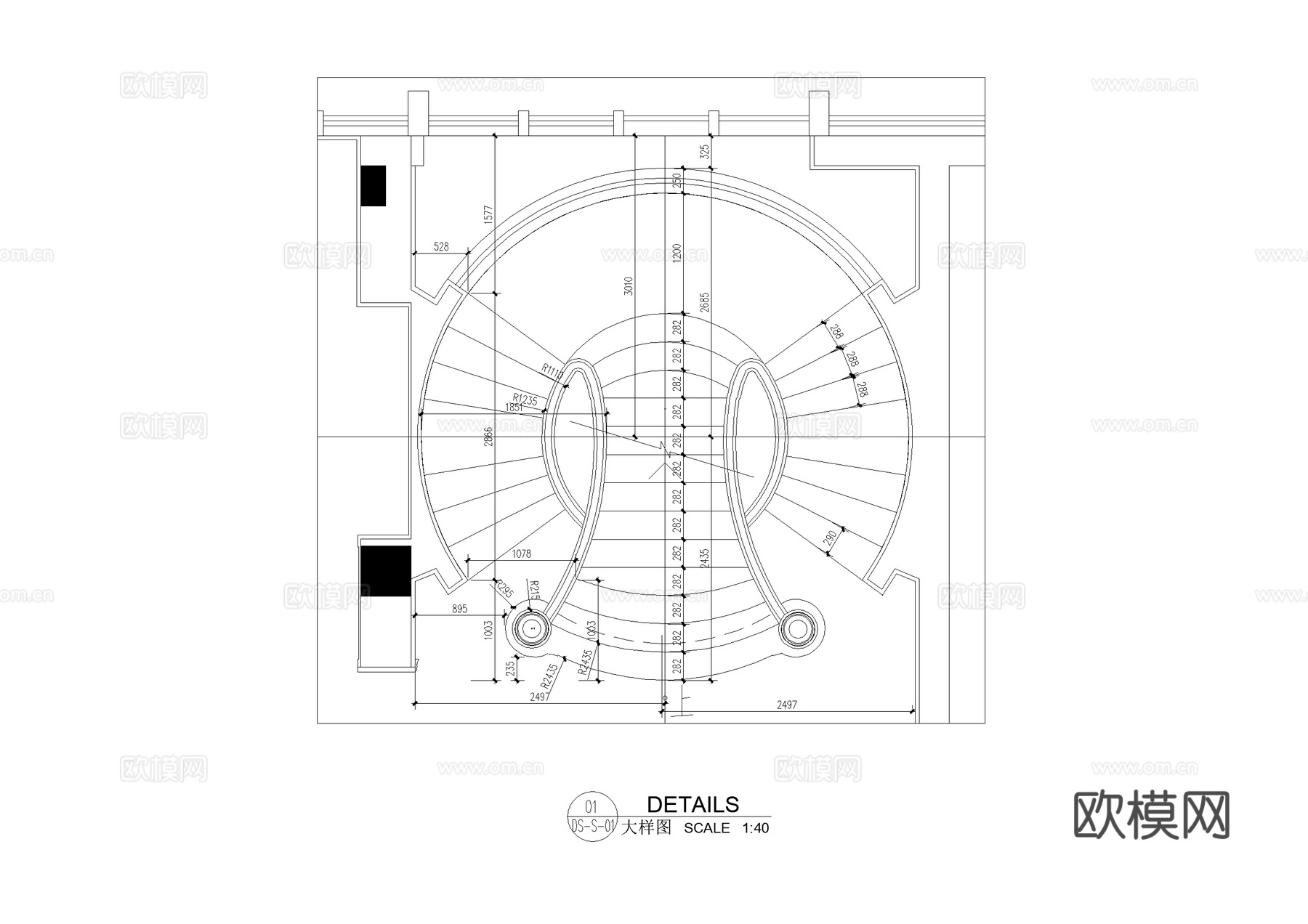 双分平行楼梯 八字型楼梯 弧形旋转楼梯 楼梯剖面CAD施工图cad施工图