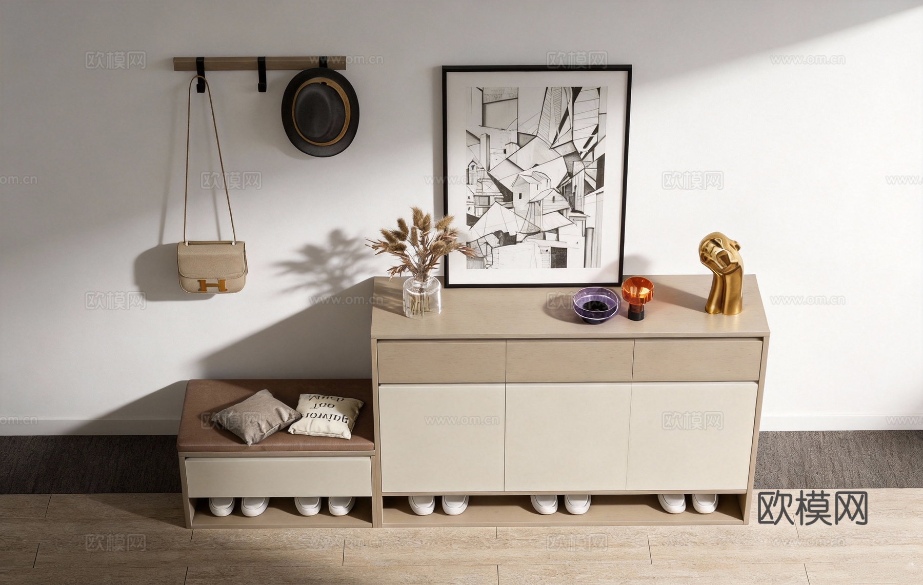 现代简约玄关柜 藤编鞋柜 换鞋凳 墙上挂钩 装饰画su模型