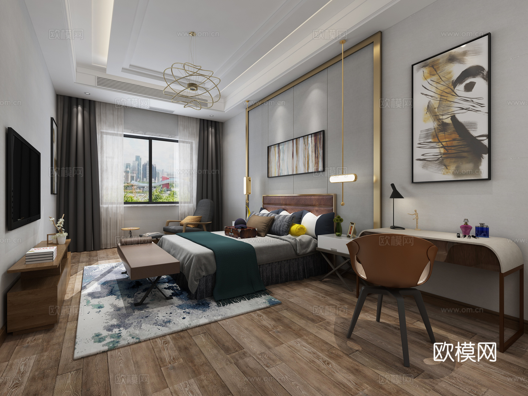 现代卧室 吊灯 床 挂画  床头灯 电视柜3d模型下载（渲染图1）