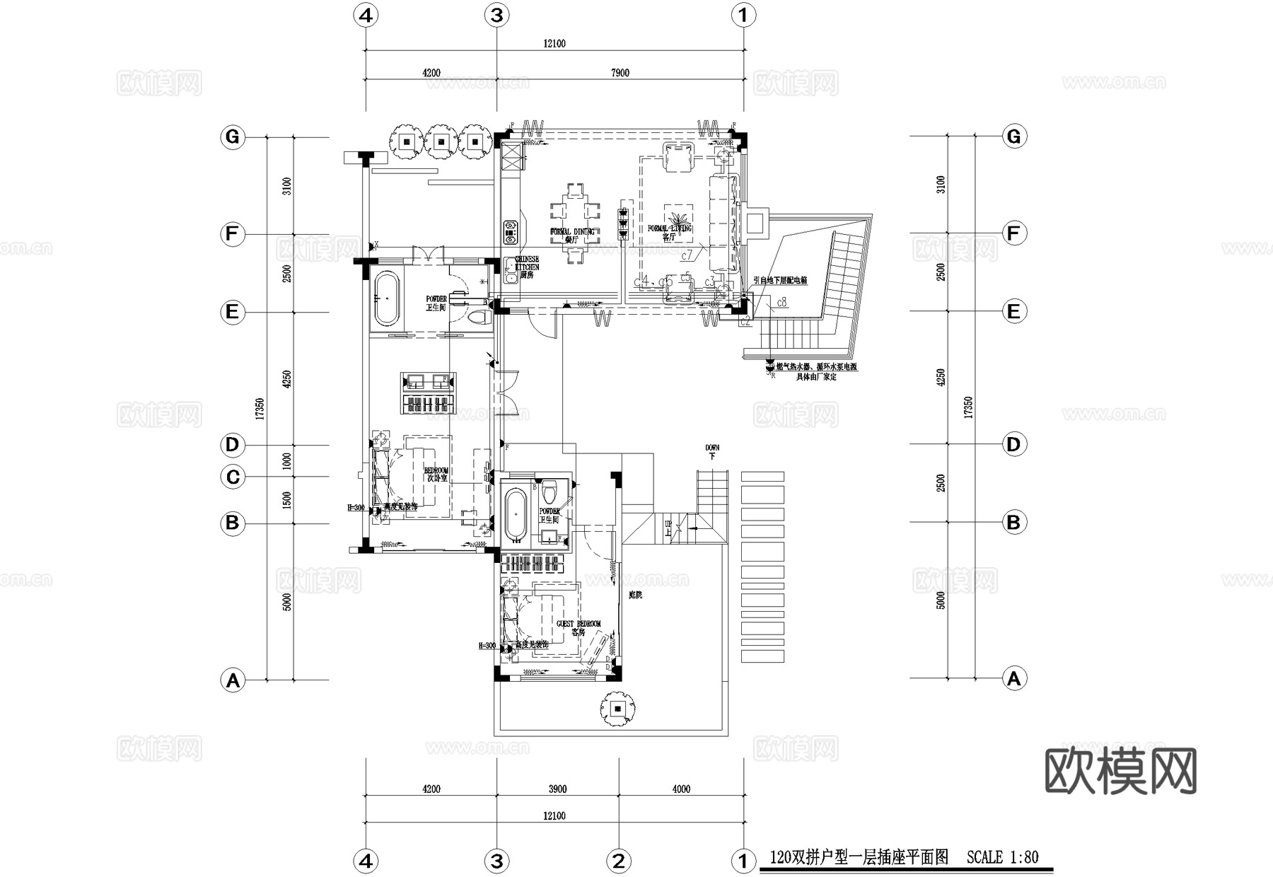 二层双拼别墅电气图弱电图照明插座平面图配电箱系统图CADcad施工图下载（渲染图3）