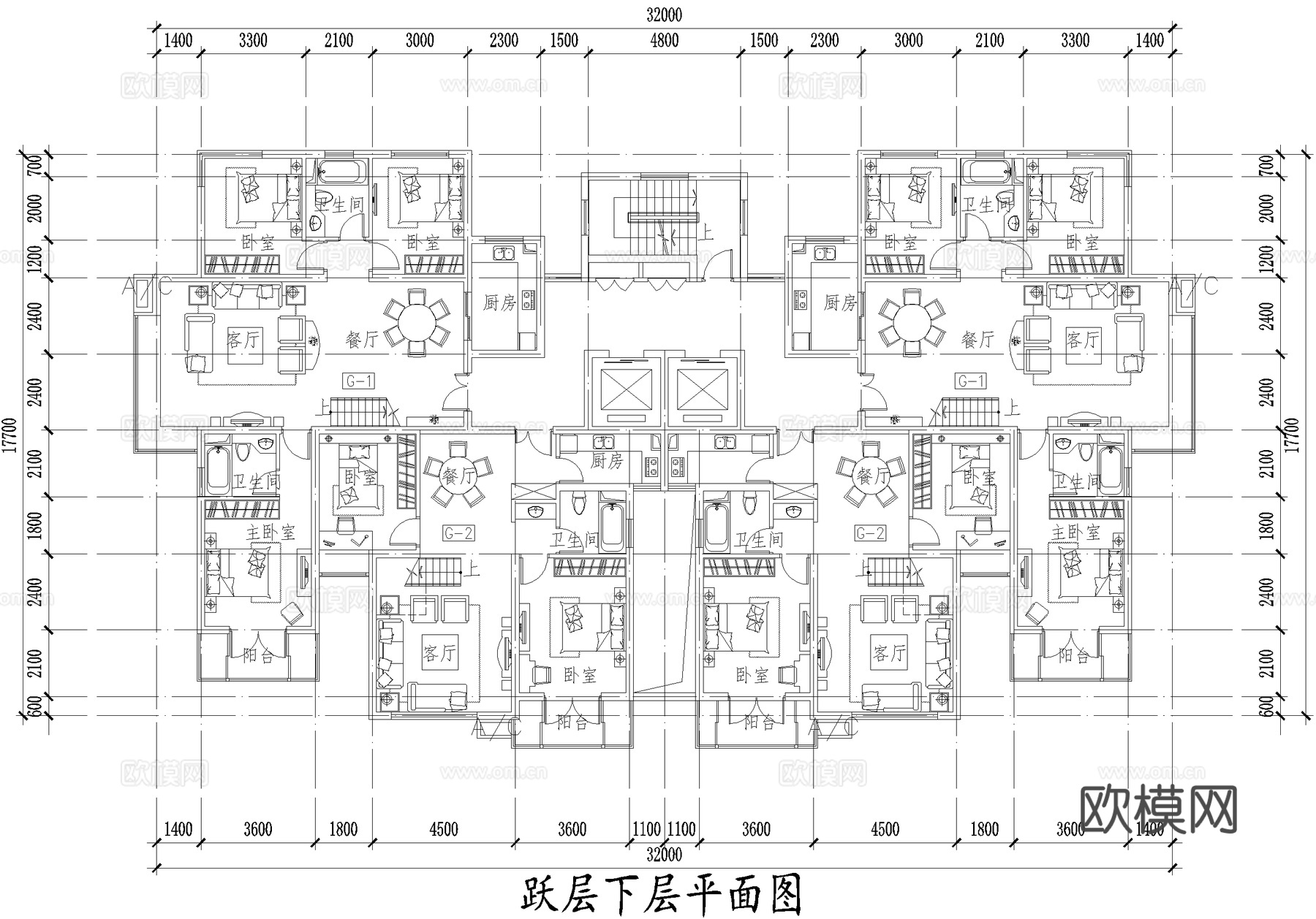 高层住宅楼 两梯四户两室两厅三室两厅 顶层跃层户型图 CADcad施工图