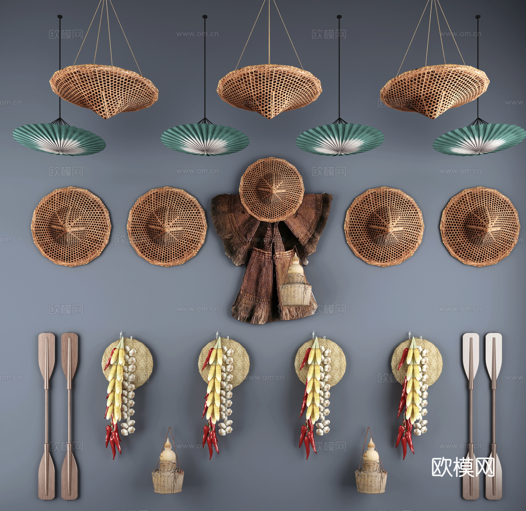 传统中式农庄竹藤斗笠油子伞蓑衣玉米辣椒蒜头墙饰挂件3d模型下载（渲染图2）