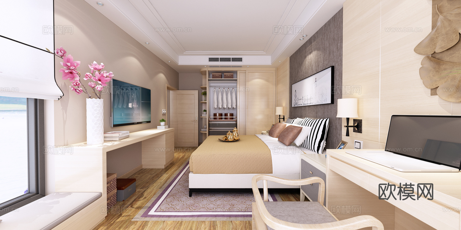 现代卧室 双人床 电视柜 书桌椅 衣橱 吊灯3d模型下载（渲染图4）