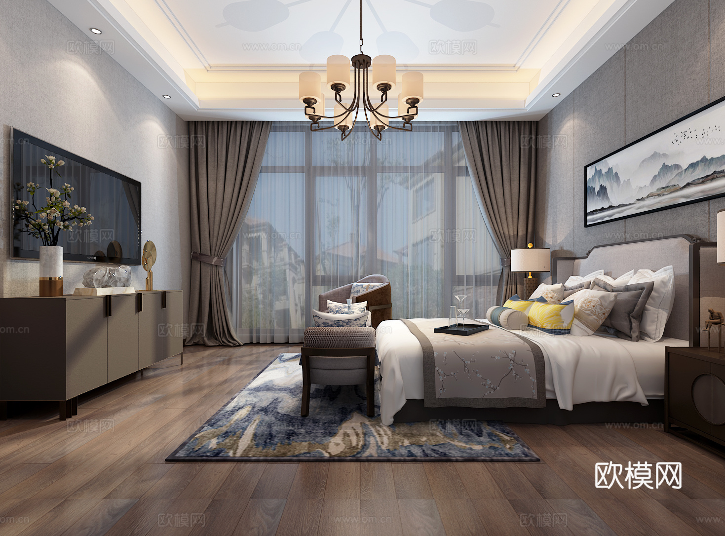 新中式卧室 吊灯 双人床 台灯 衣柜 床尾凳 单人沙发3d模型下载（渲染图2）