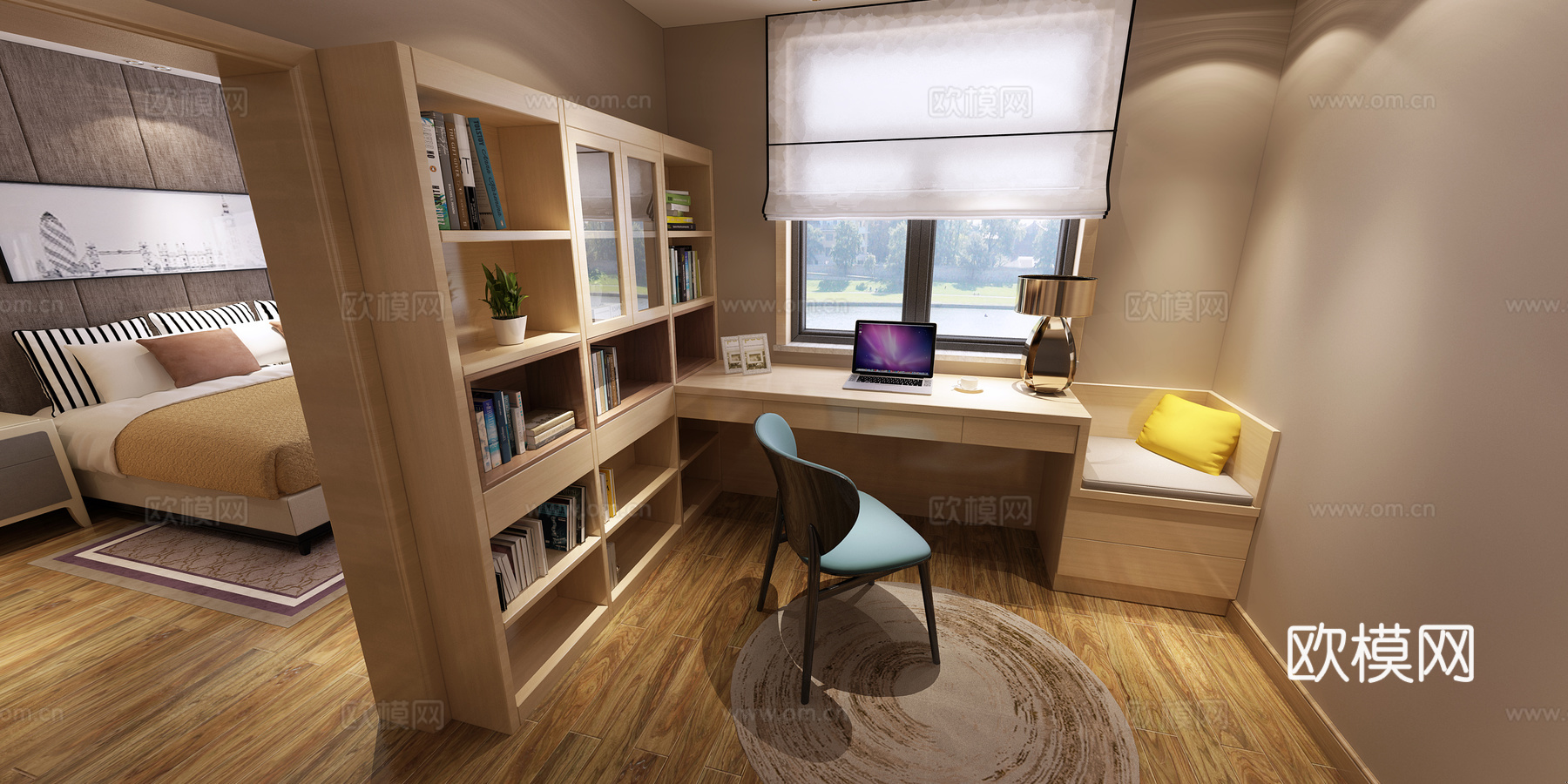 现代卧室 双人床 电视柜 书桌椅 衣橱 吊灯3d模型下载（渲染图3）