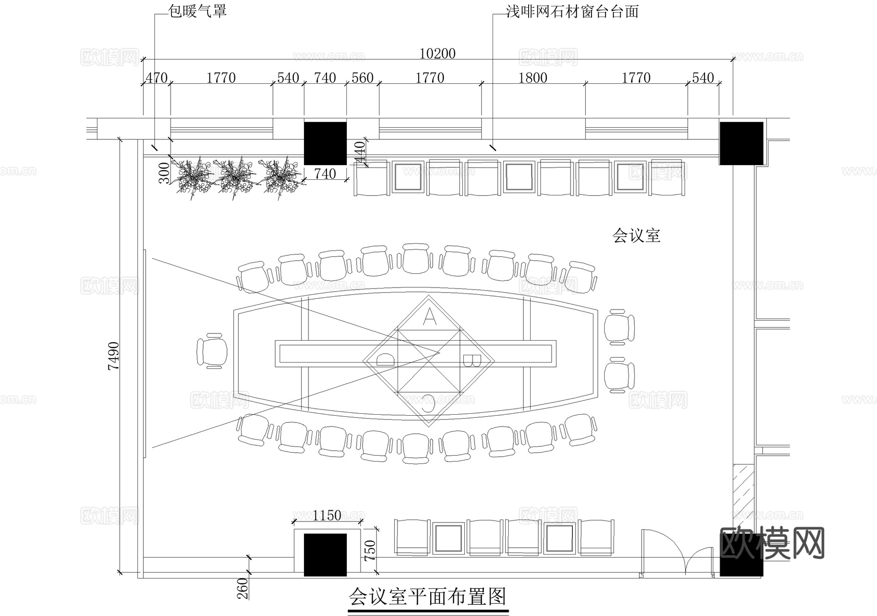 中型会议室 CAD施工图cad施工图下载（渲染图2）