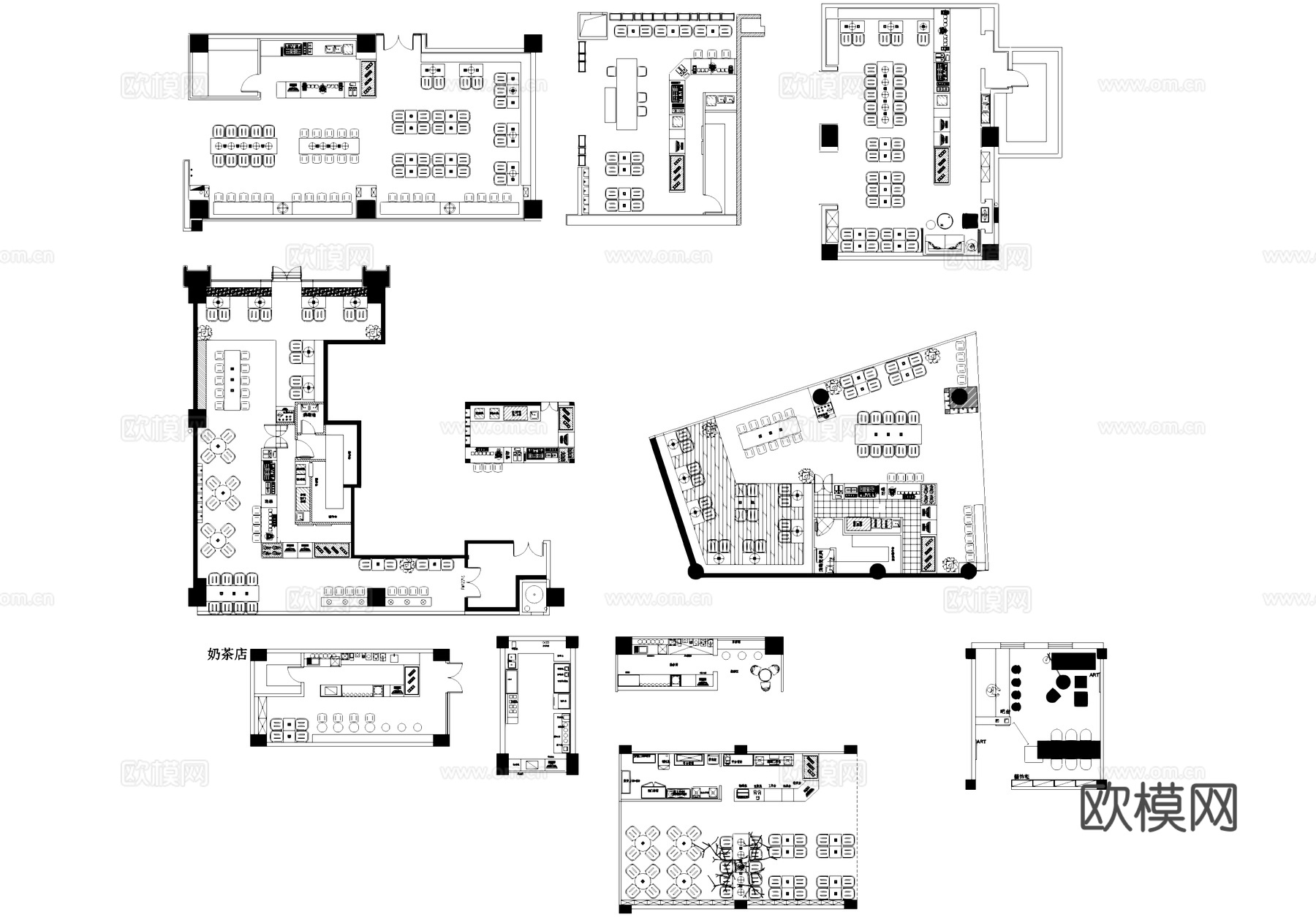 咖啡厅奶茶店酒吧桌椅吧台沙发平面图块图库cad施工图