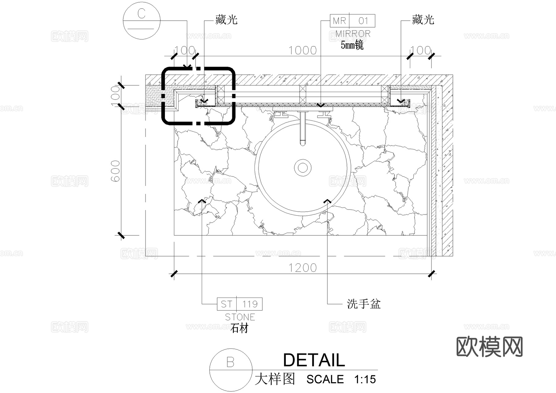 洗手台洗手池洗手盆小便器小便池大样镜子卫生间节点CADcad施工图下载（渲染图6）