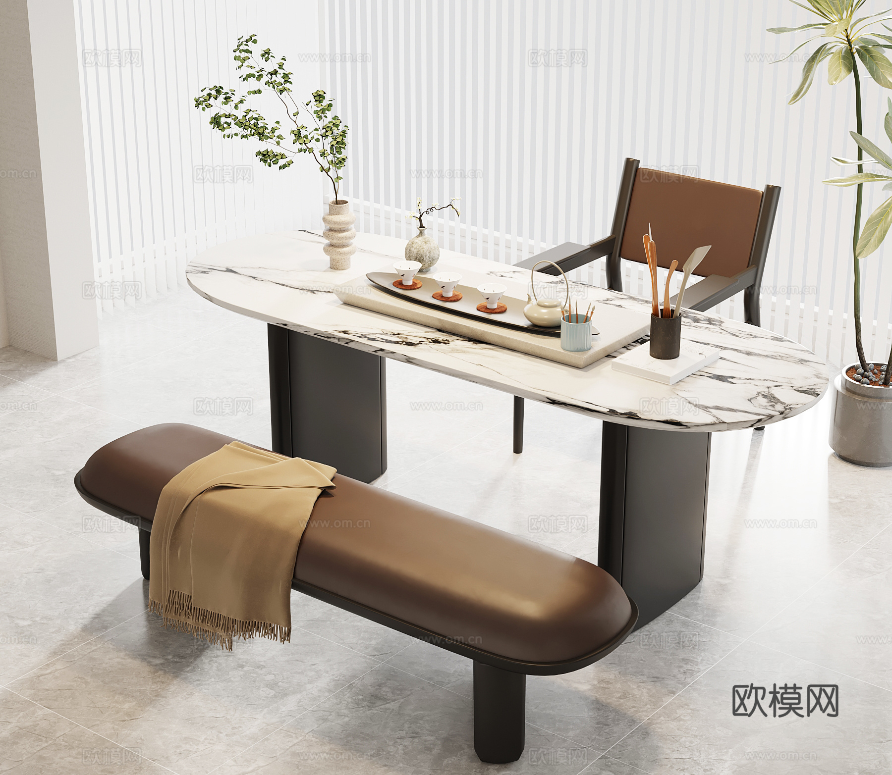现代意式茶桌椅 意式小茶台su模型