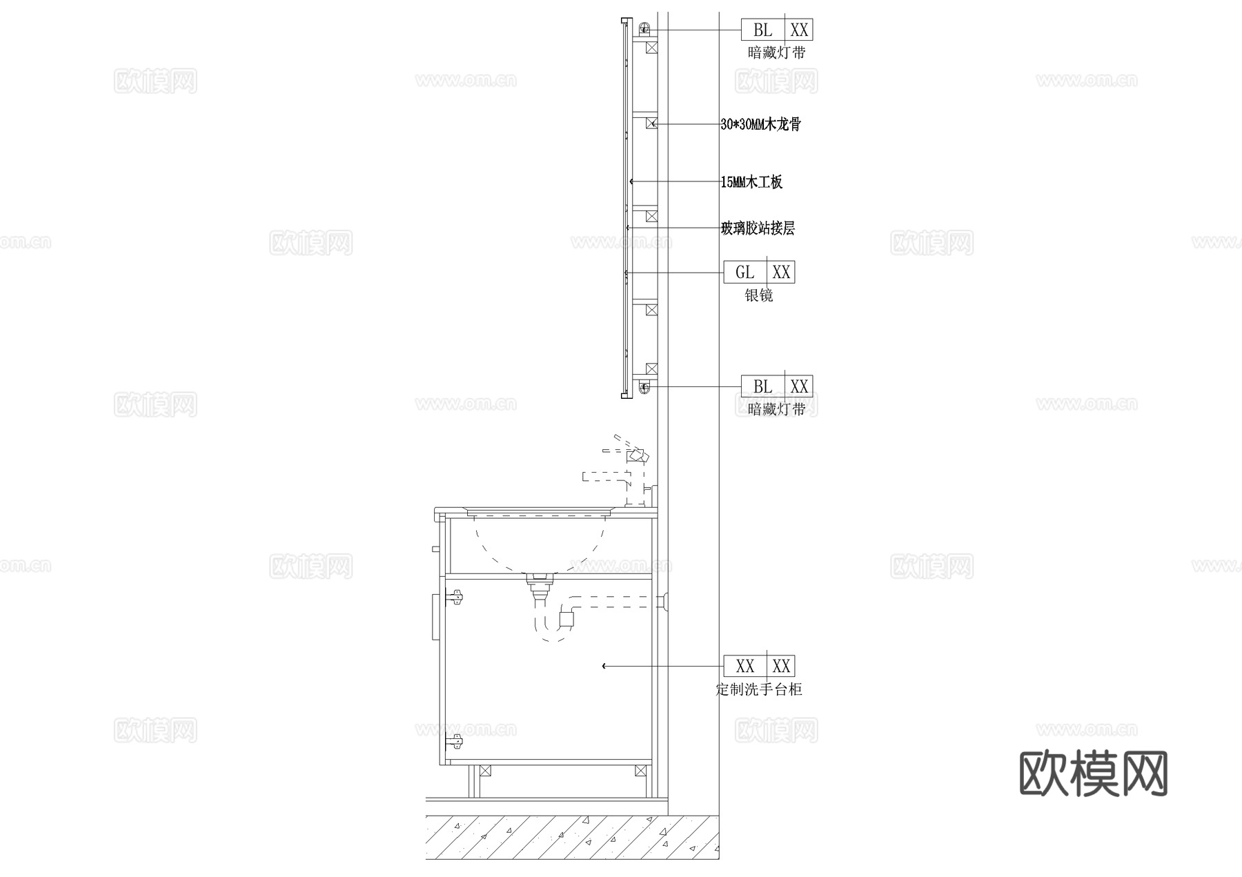 洗手台洗手池洗手盆浴缸大样镜子卫生间节点CADcad施工图下载（渲染图6）
