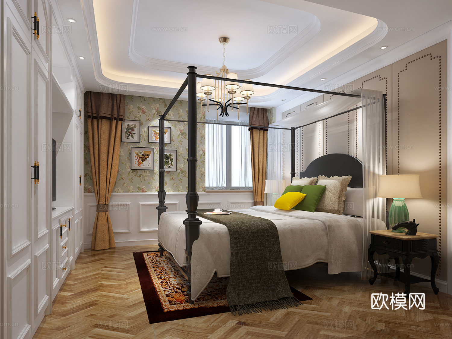 现代主卧 吊灯 双人床 台灯3d模型下载（渲染图2）