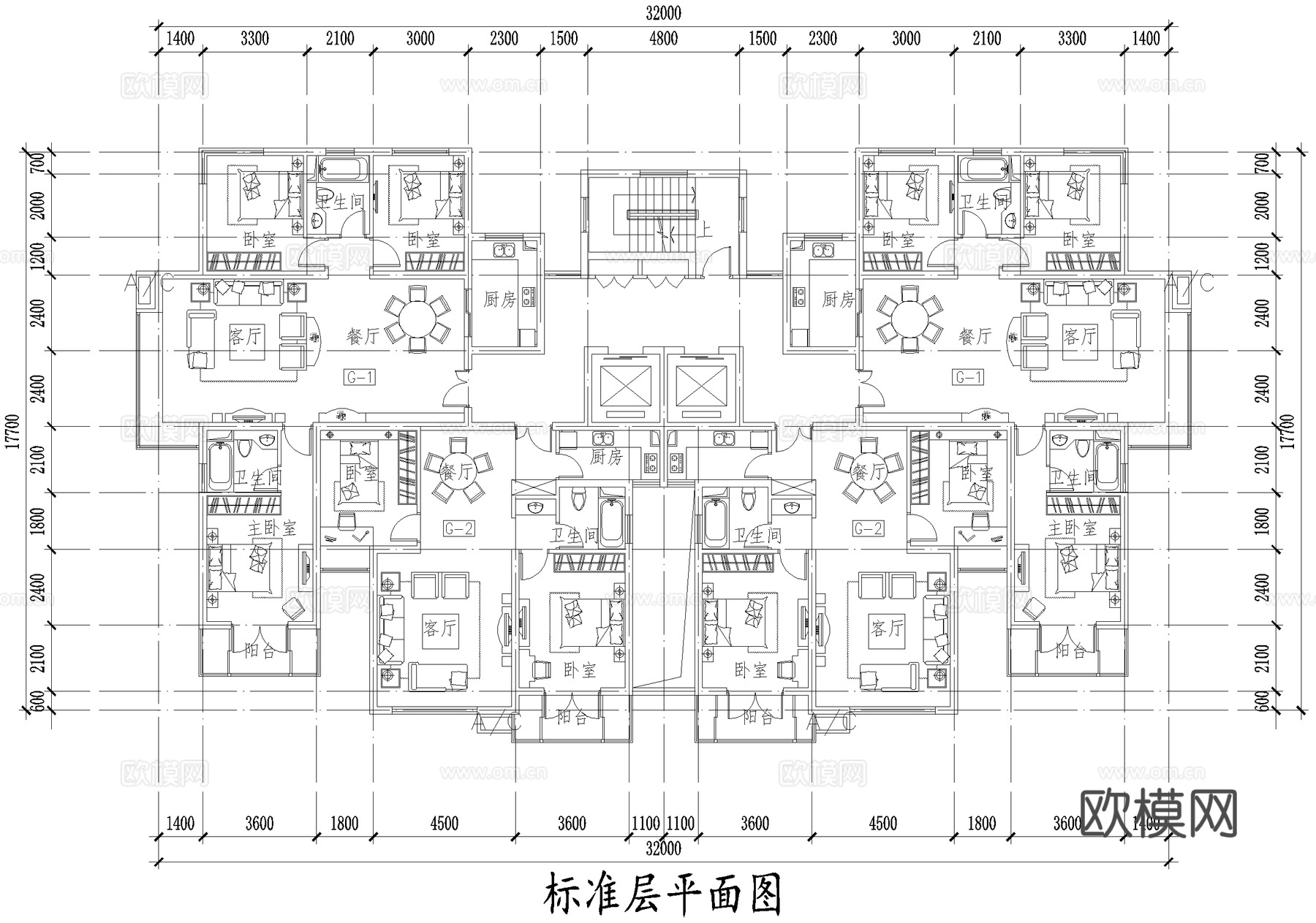 高层住宅楼 两梯四户两室两厅三室两厅 顶层跃层户型图 CADcad施工图