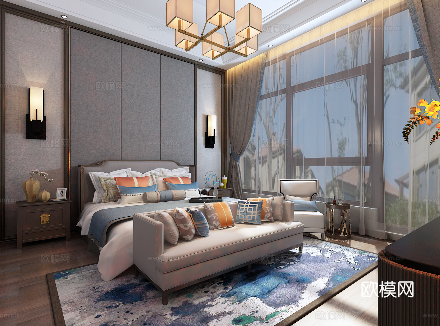新中式卧室 吊灯 双人床 壁灯 床尾凳 装饰柜3d模型下载（渲染图1）