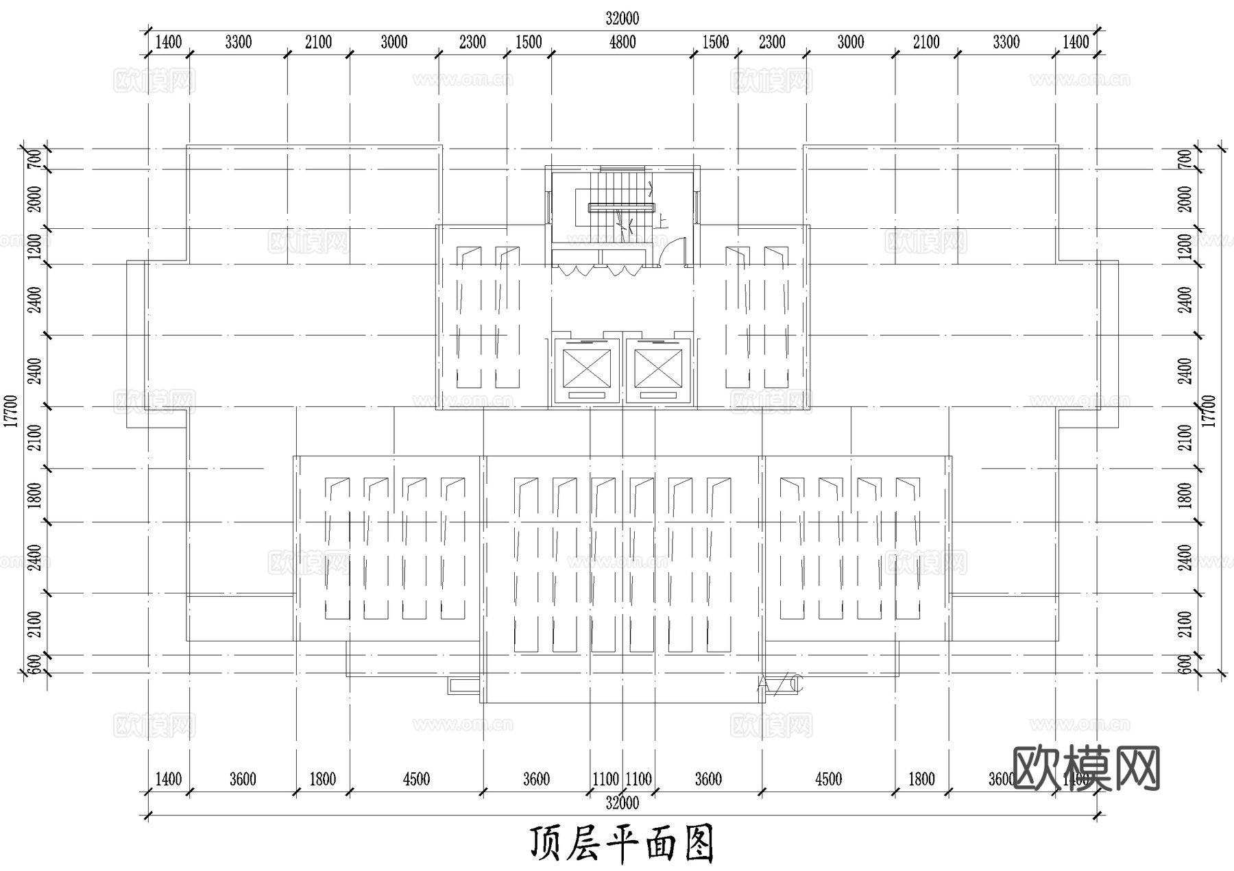 高层住宅楼 两梯四户两室两厅三室两厅 顶层跃层户型图 CADcad施工图