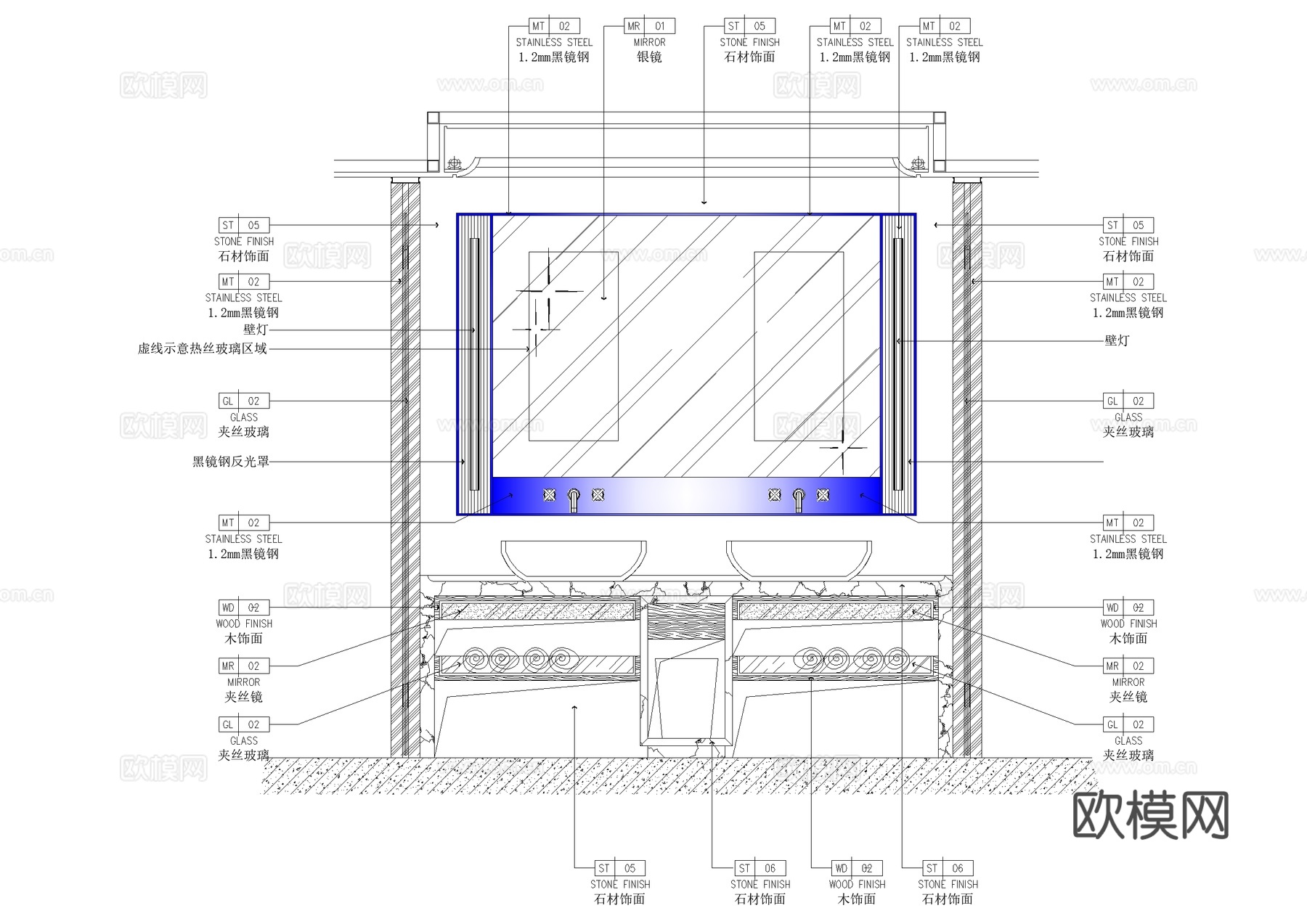 洗手台洗手池洗手盆浴缸大样镜子卫生间节点CADcad施工图下载（渲染图4）
