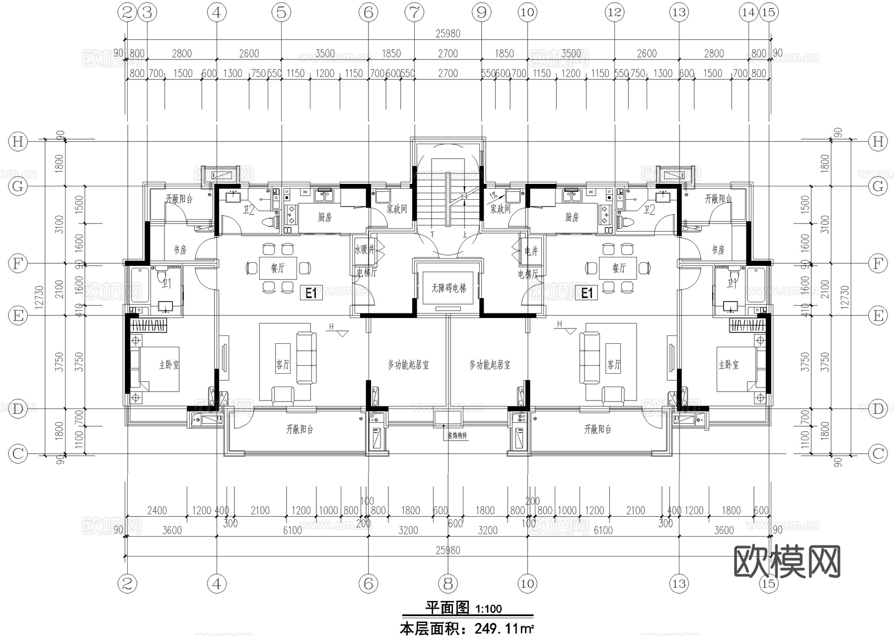 户型图 一梯两户 三室两厅两卫 平层平面图 CAD施工图cad施工图