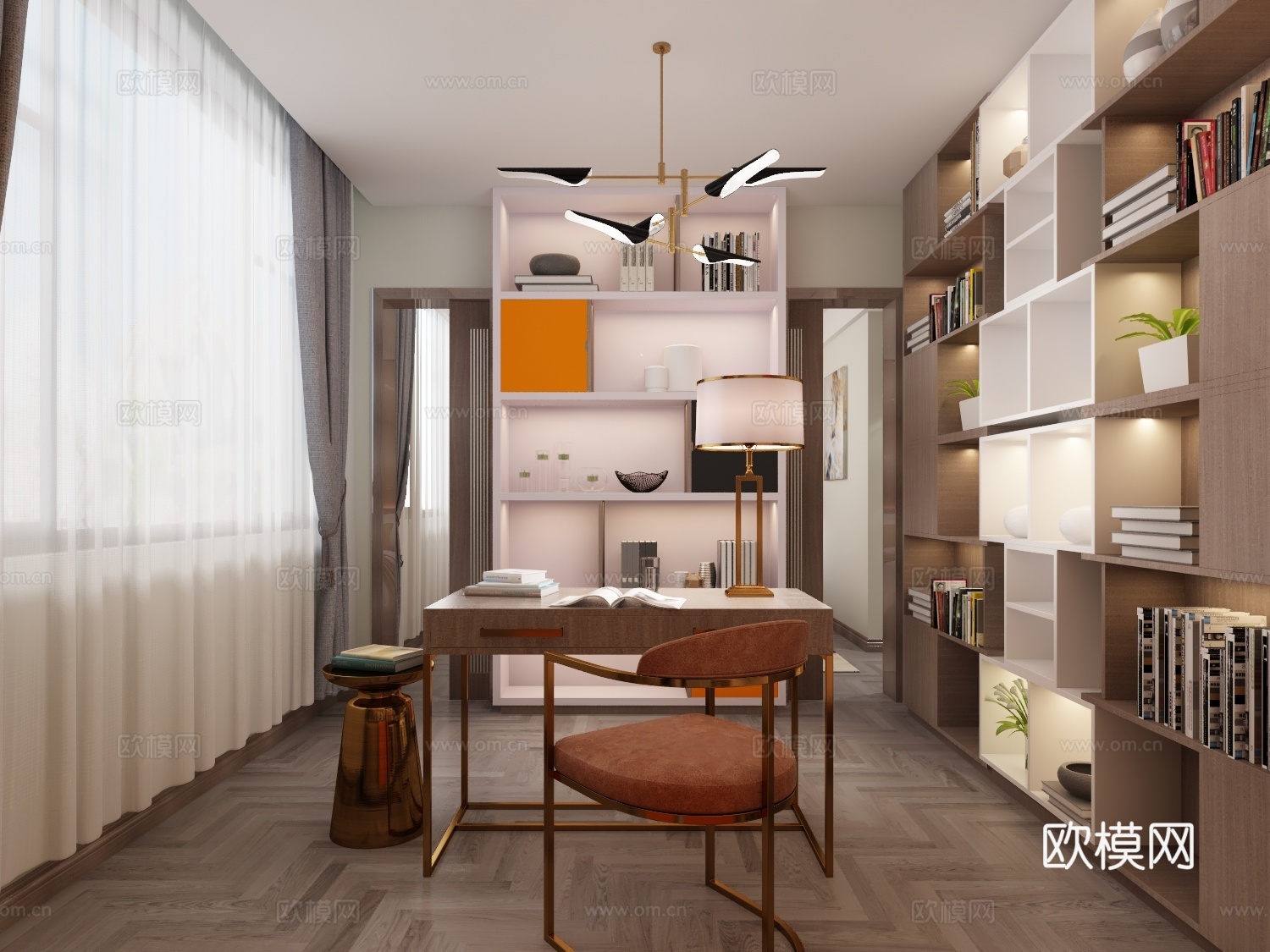 现代卧室书房 吊灯 双人床 床尾凳 台灯 挂画 书桌椅3d模型下载（渲染图2）