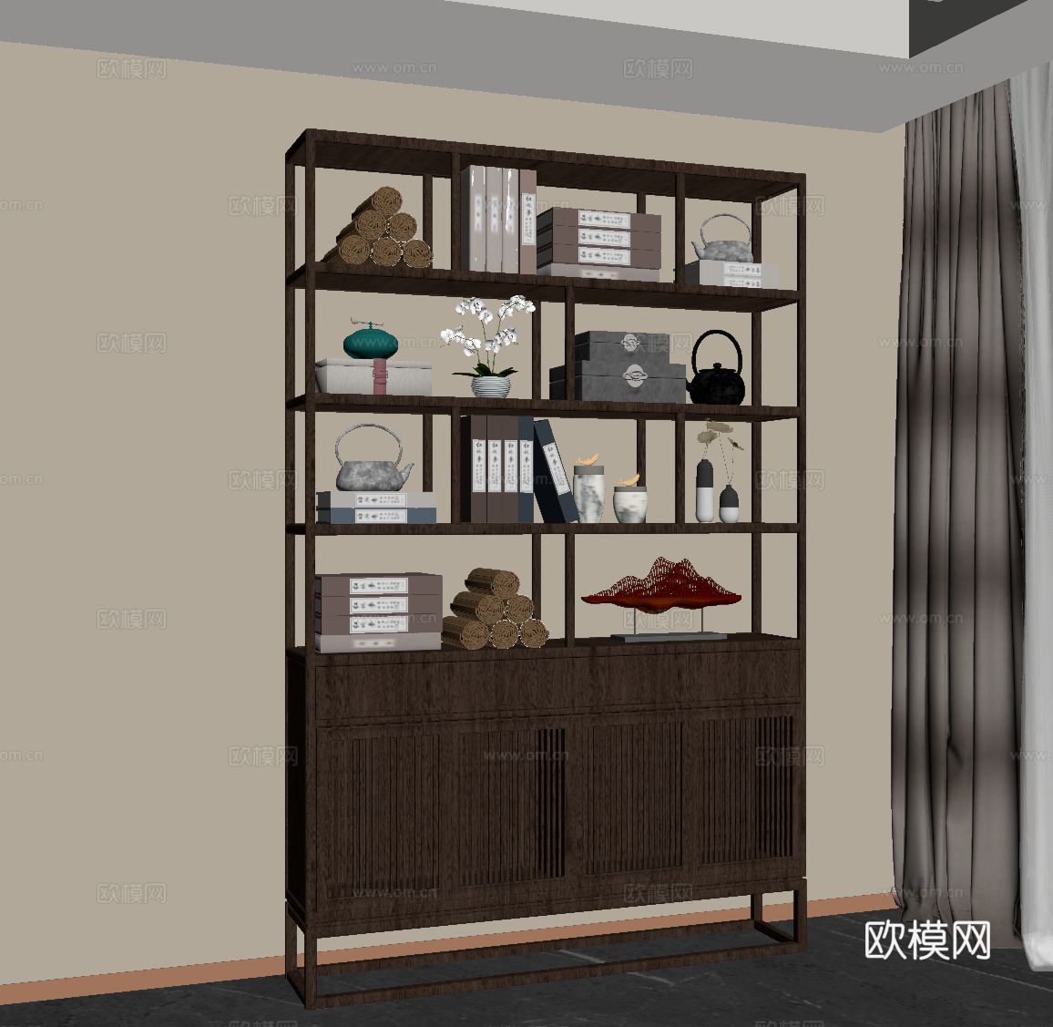 新中式博古架 书架su模型