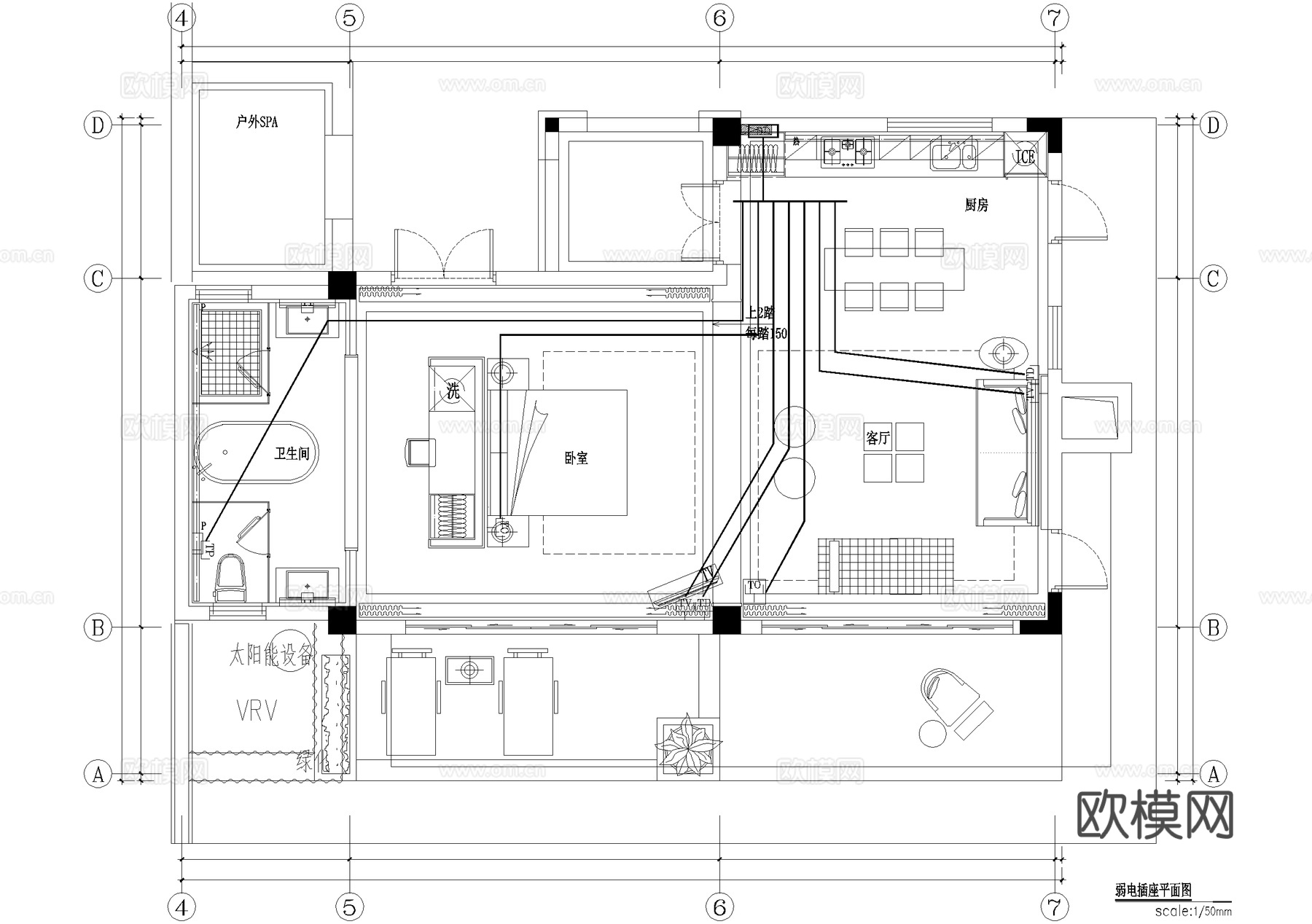 别墅家装电气图弱电图强电图系统图照明空调电源插座CADcad施工图下载（渲染图2）