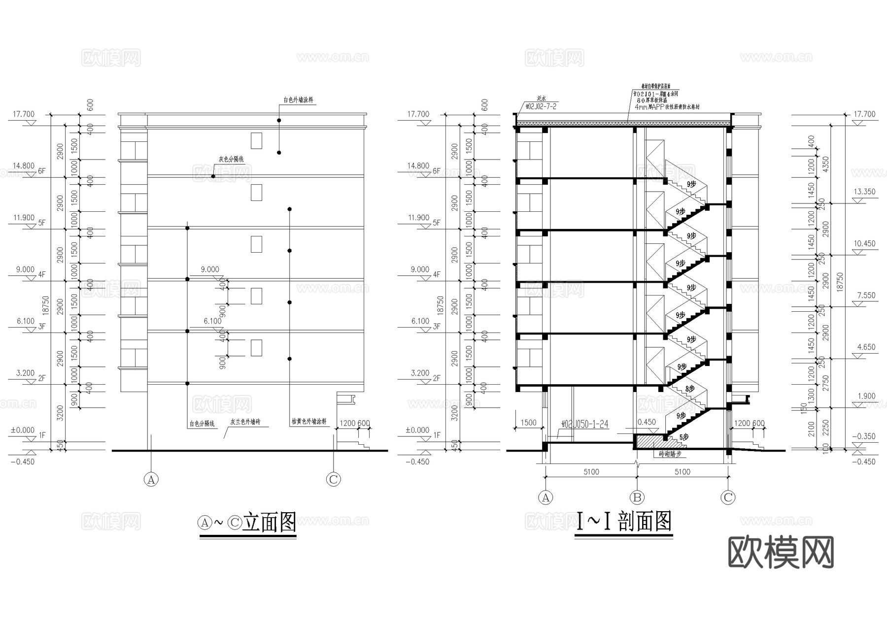 住宅楼多层家属楼建筑 底层商铺步梯 一梯两户三室两厅两室两厅cad施工图