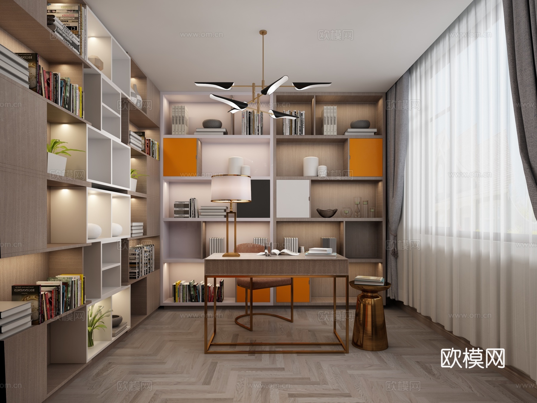 现代卧室书房 吊灯 双人床 床尾凳 台灯 挂画 书桌椅3d模型下载（渲染图3）