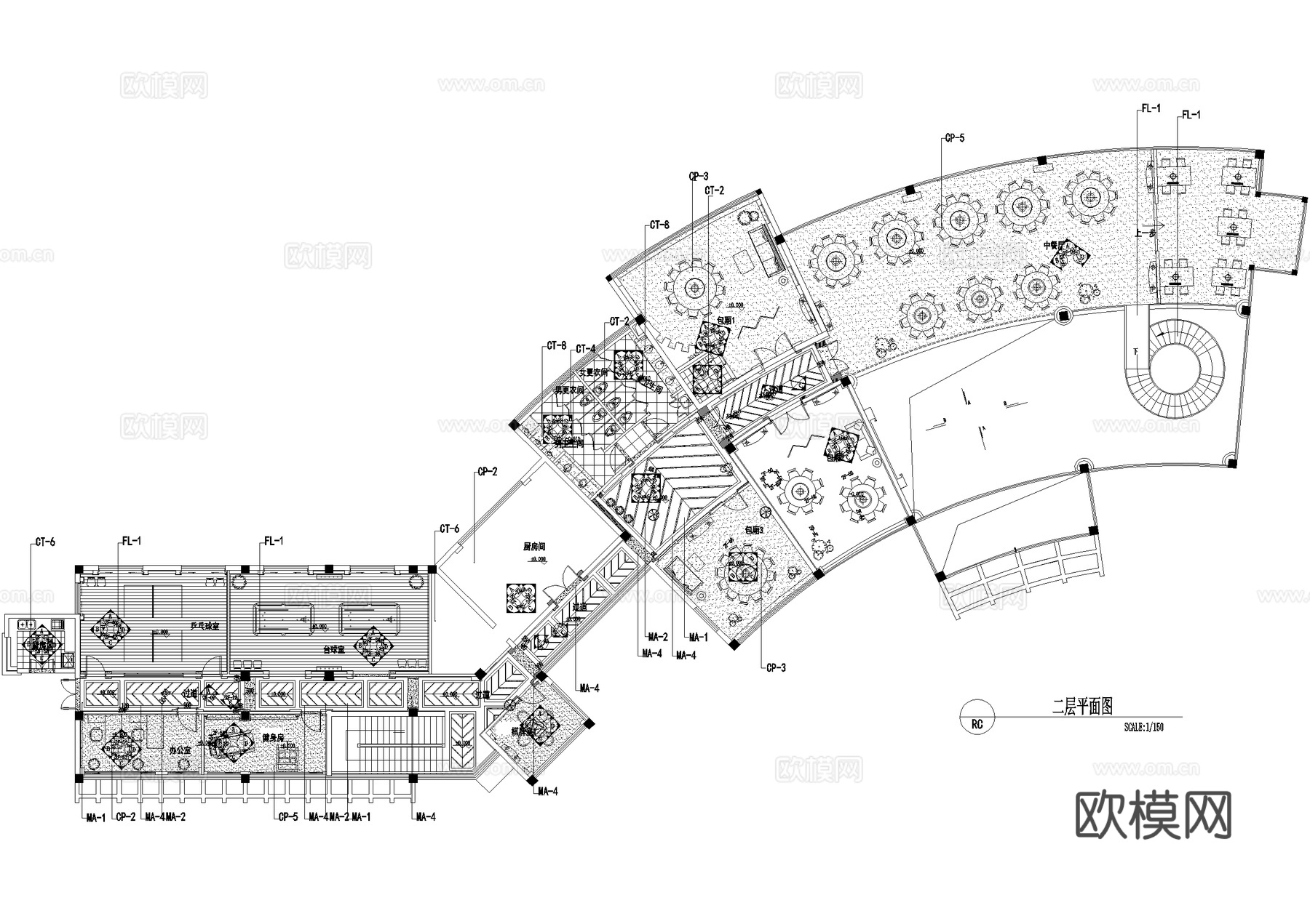 私人会所平面图 棋牌室 KTV包厢 台球室乒乓球室 CADcad施工图