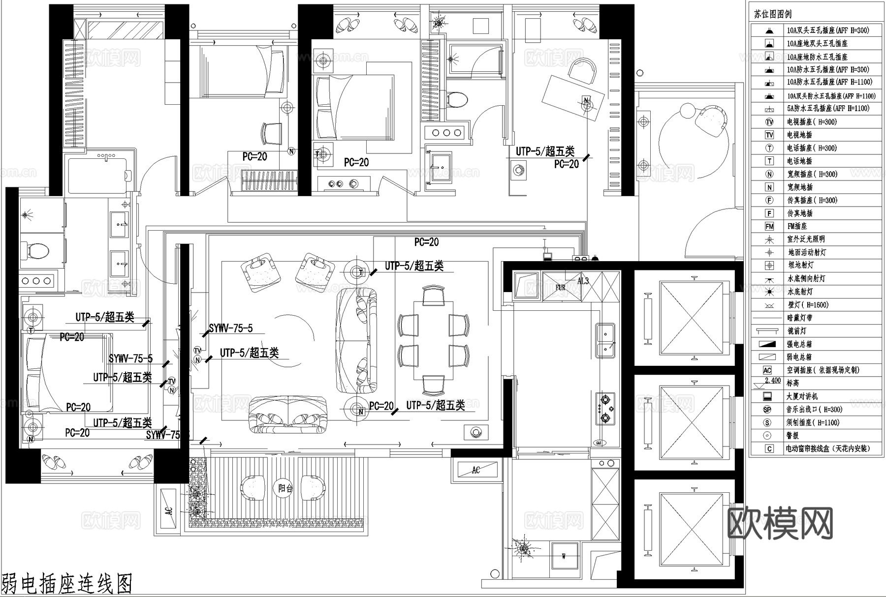 住宅家装电路图弱电图强电图系统图照明灯具插座空调平面图cad施工图下载（渲染图2）