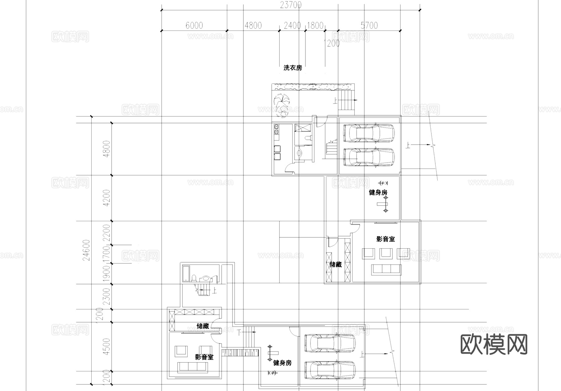 二层别墅带地下室室内家装平面CAD施工图cad施工图下载（渲染图3）