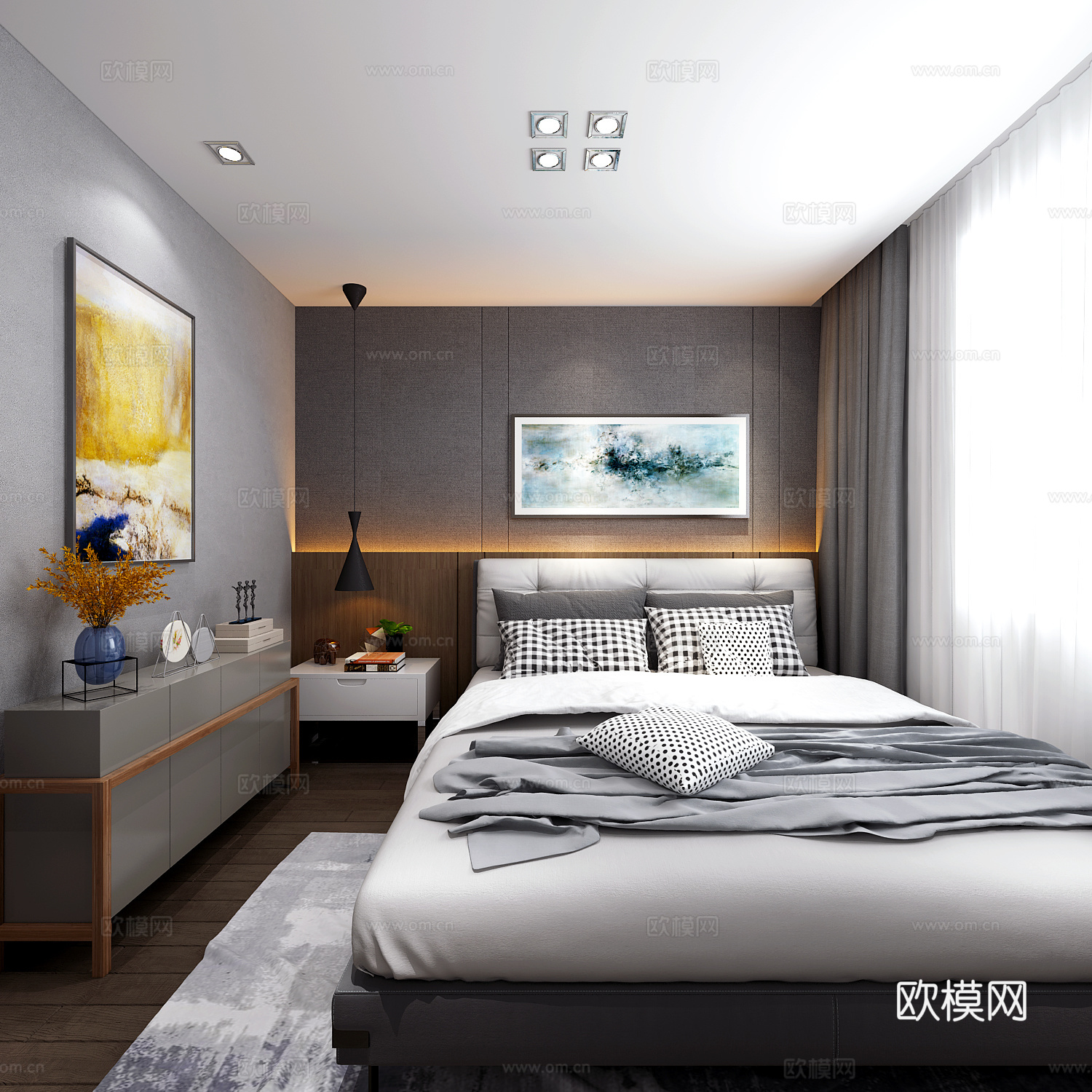 现代卧室 挂画 双人床 装饰柜 挂画3d模型下载（渲染图2）