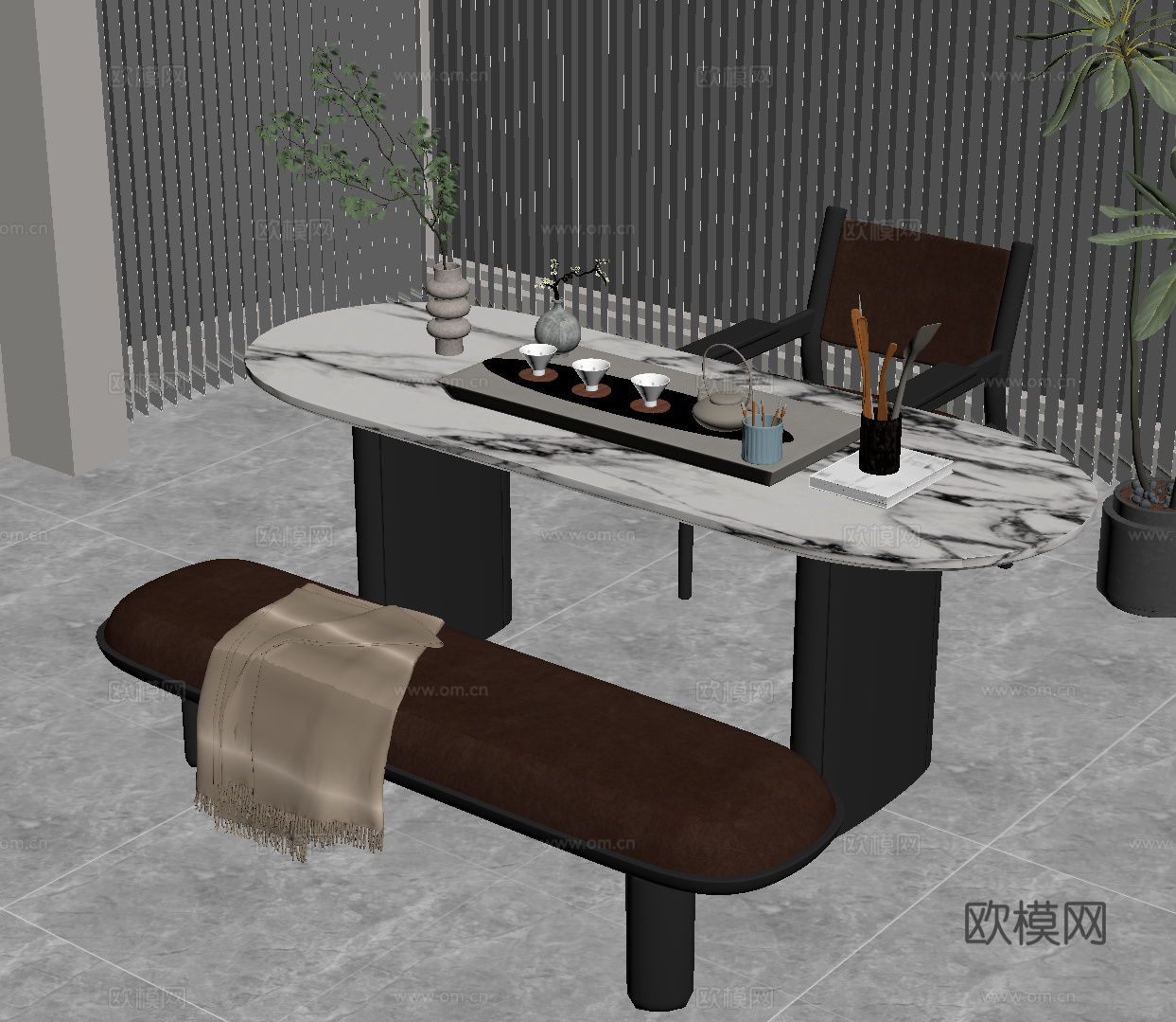 现代意式茶桌椅 意式小茶台su模型