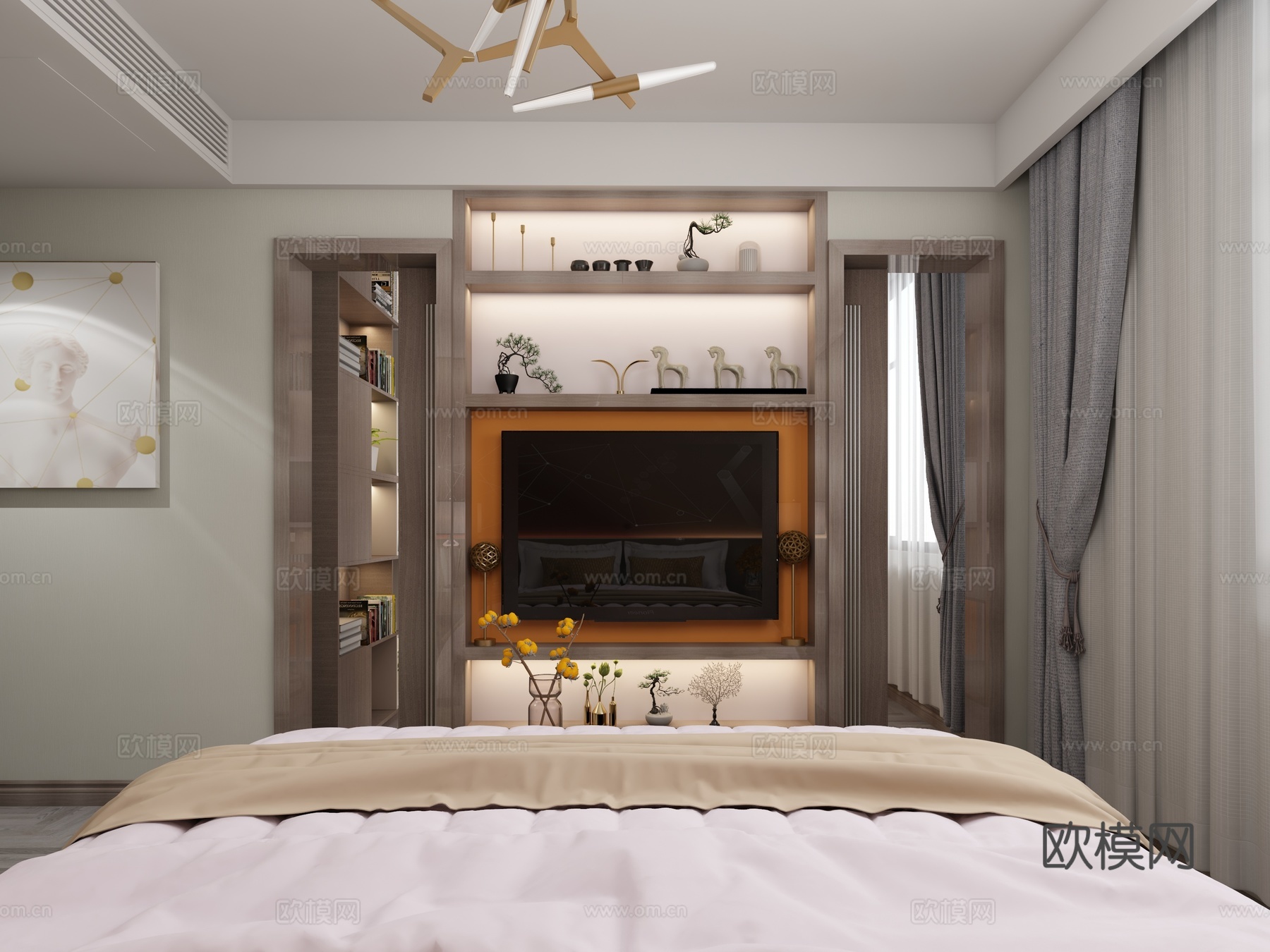 现代卧室书房 吊灯 双人床 床尾凳 台灯 挂画 书桌椅3d模型下载（渲染图4）