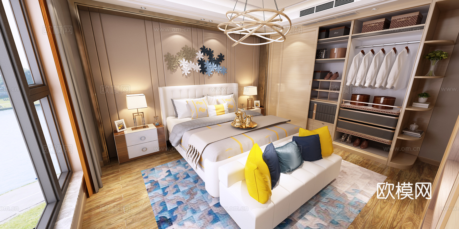现代卧室 双人床 电视柜 书桌椅 衣橱 吊灯3d模型下载（渲染图2）