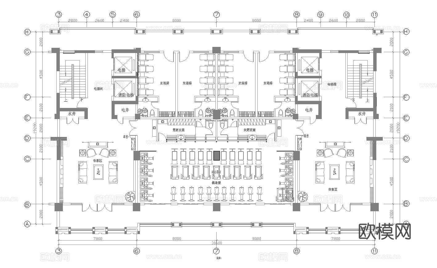 1000平健身会所   最新平面施工图合集cad施工图