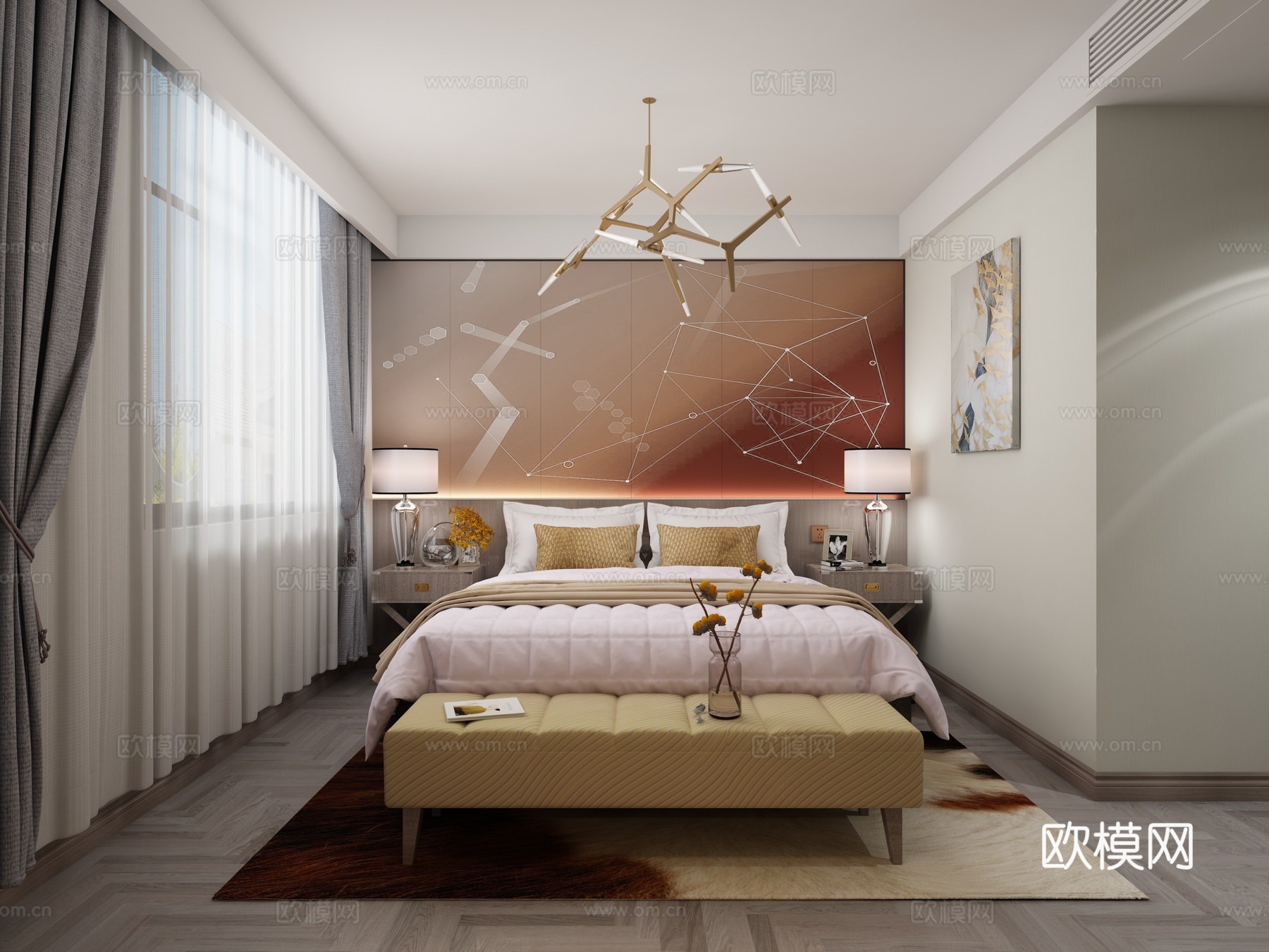 现代卧室书房 吊灯 双人床 床尾凳 台灯 挂画 书桌椅3d模型下载（渲染图1）