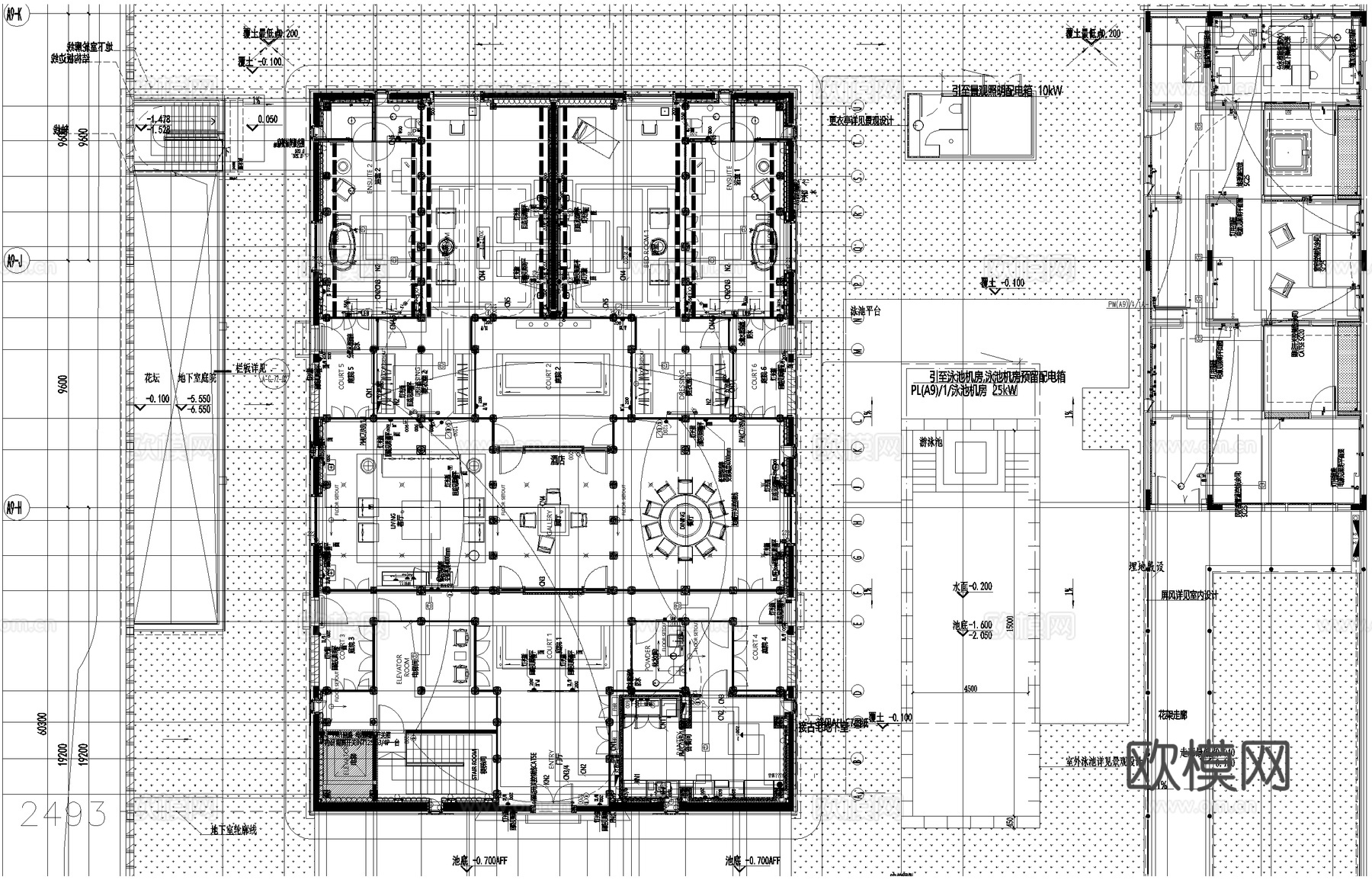 酒店一层客房电气图 插座动力平面图 配电箱后勤区系统图CADcad施工图下载（渲染图8）