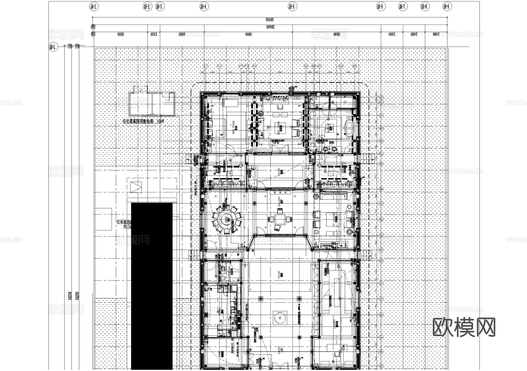 酒店首层电气图插座动力平面图配电箱后勤区客房 系统图CADcad施工图下载（渲染图2）