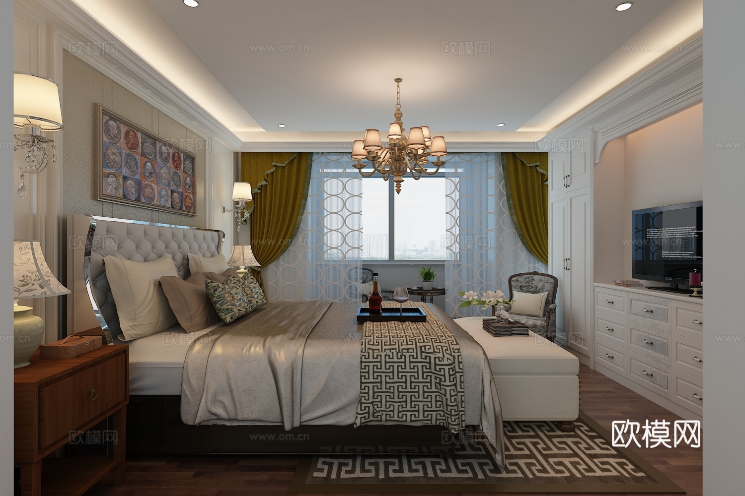 现代卧室 吊灯 壁灯 台灯 双人床 床尾凳 装饰柜 摆件3d模型下载（渲染图2）