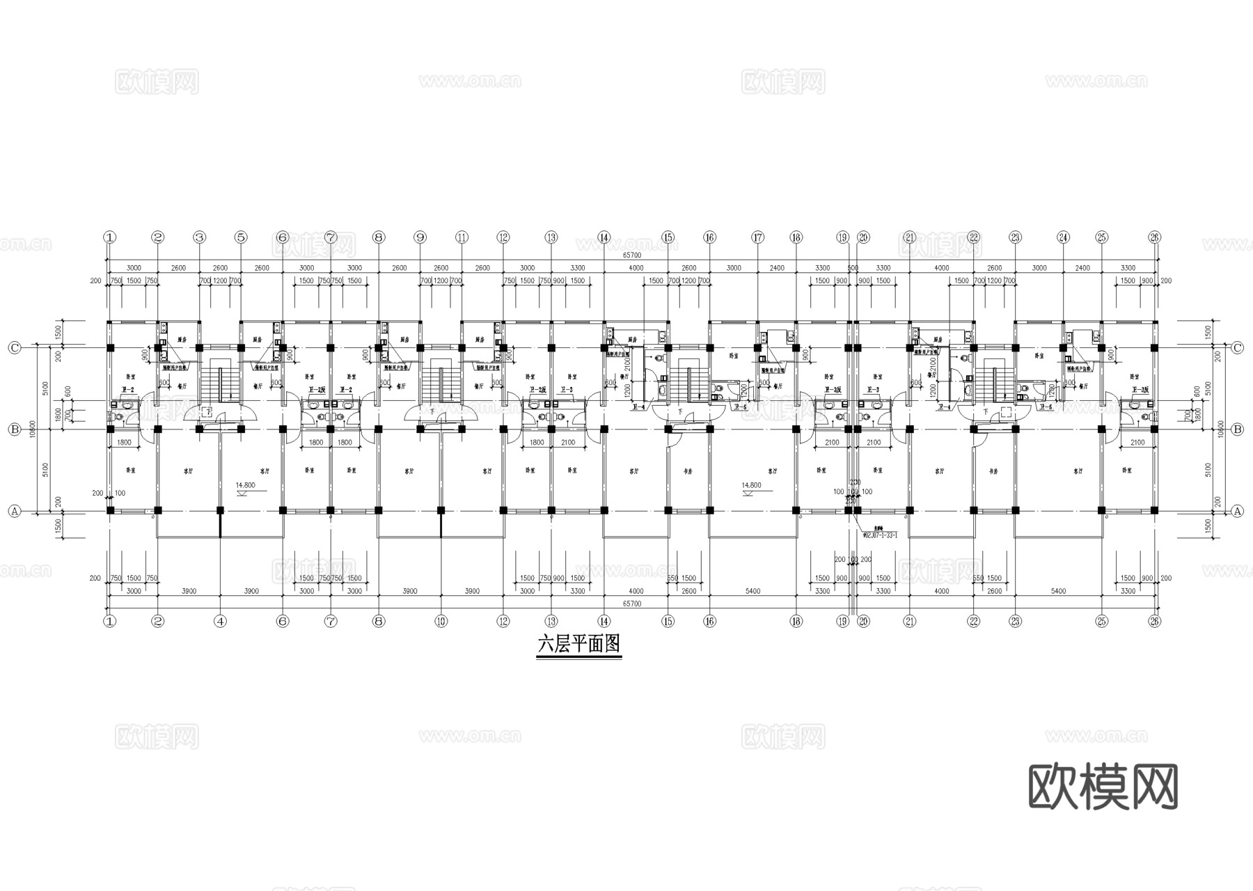 住宅楼多层家属楼建筑 底层商铺步梯 一梯两户三室两厅两室两厅cad施工图