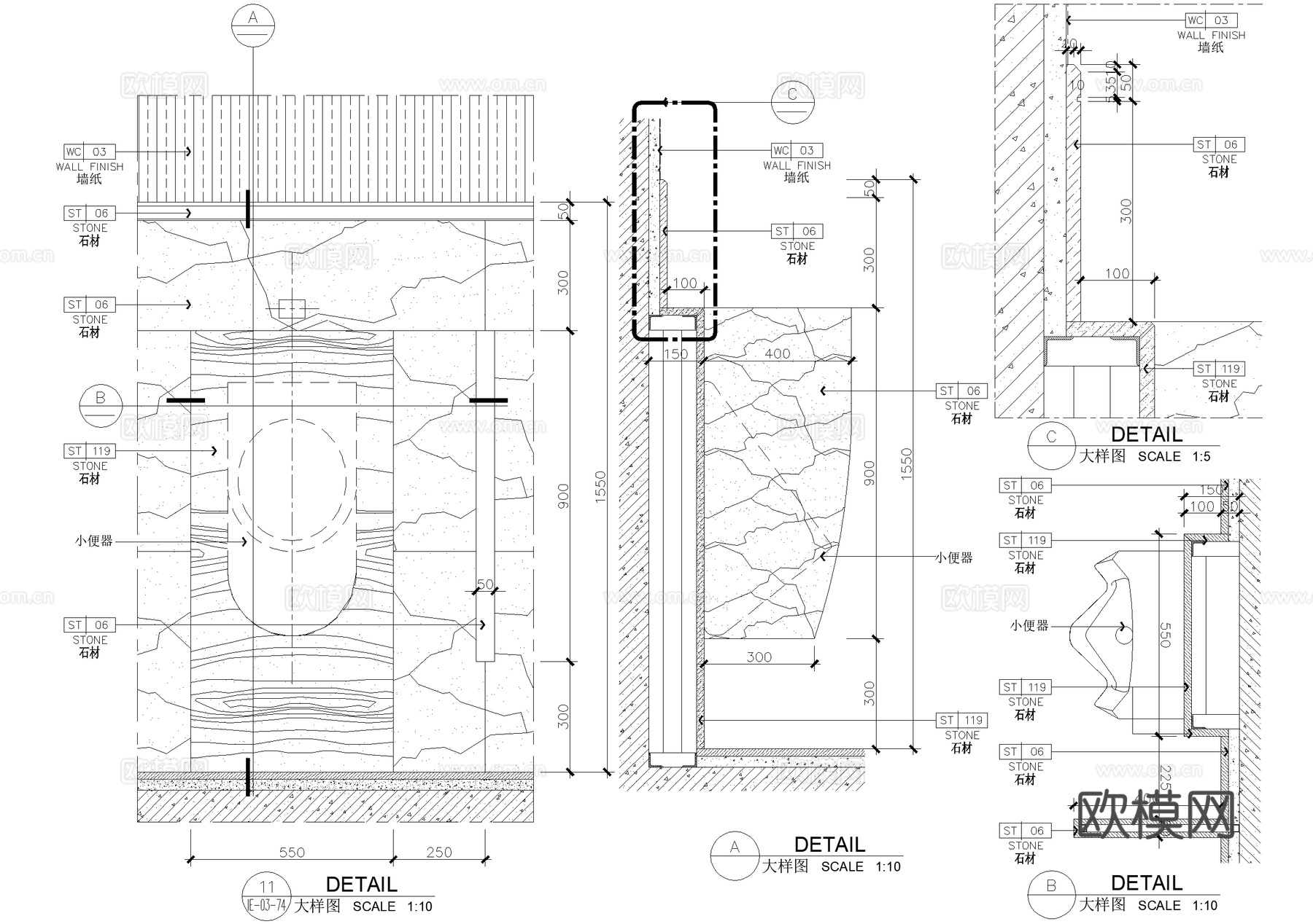 洗手台洗手池洗手盆小便器小便池大样镜子卫生间节点CADcad施工图下载（渲染图2）