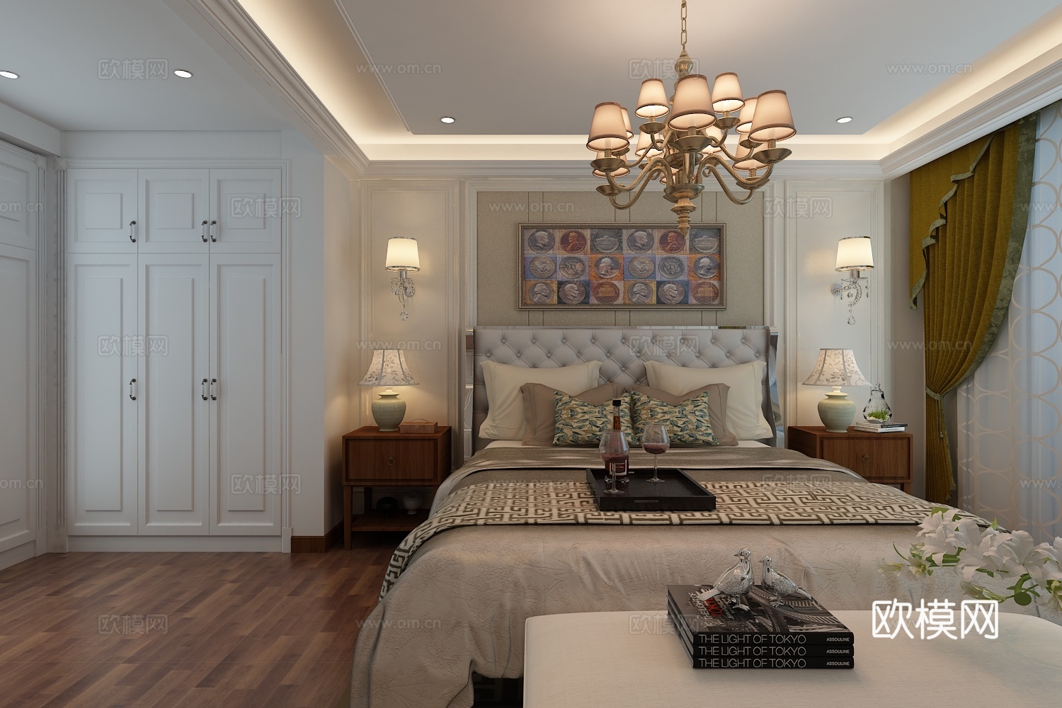 现代卧室 吊灯 壁灯 台灯 双人床 床尾凳 装饰柜 摆件3d模型下载（渲染图4）