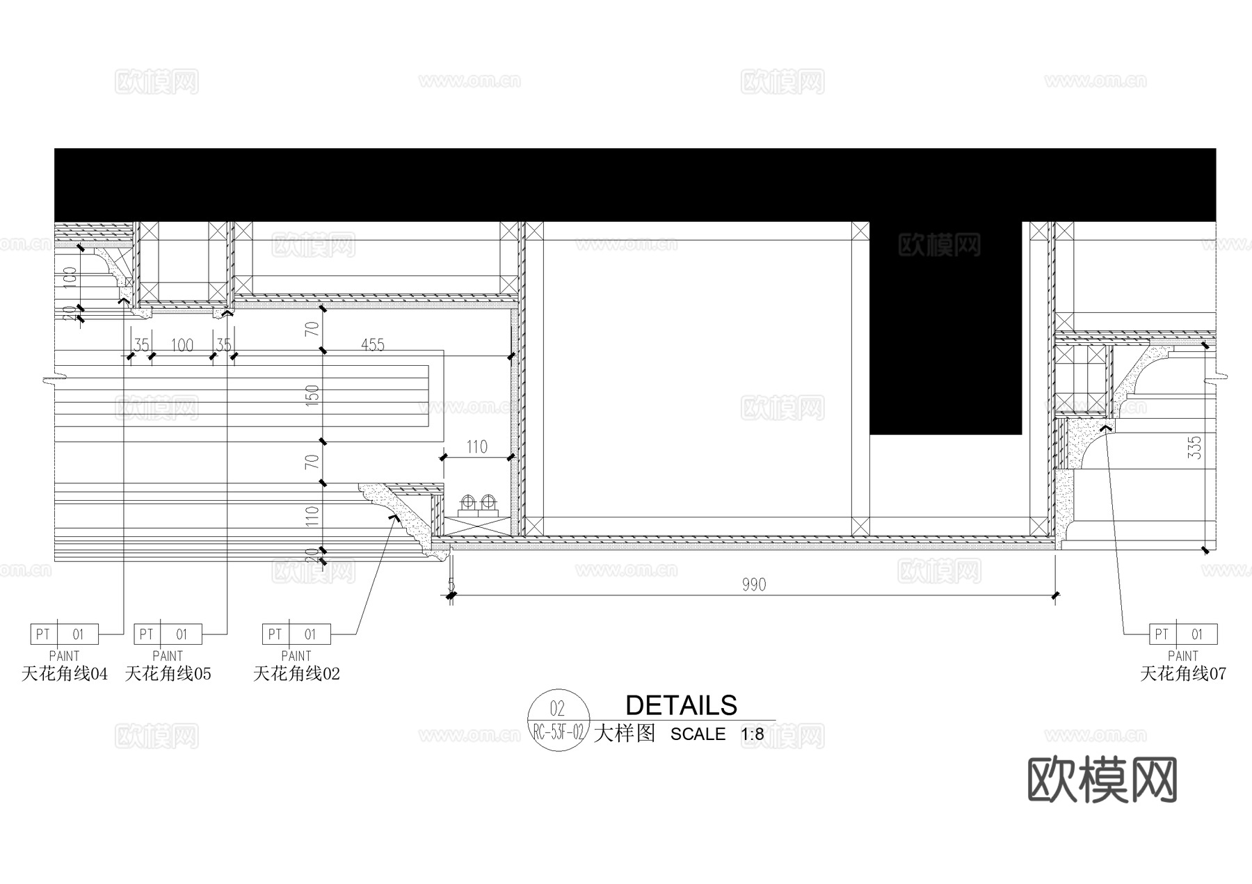 乳胶漆天花吊顶 角线 石材饰面 实木线条 隐藏式灯管 CADcad施工图