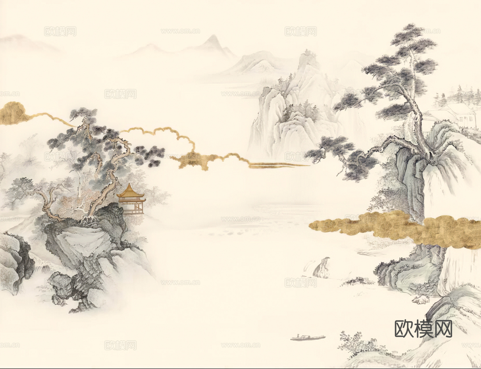 新中式壁纸壁画壁布墙纸墙布云海山水字画花鸟仙鹤荷花花鸟建筑背