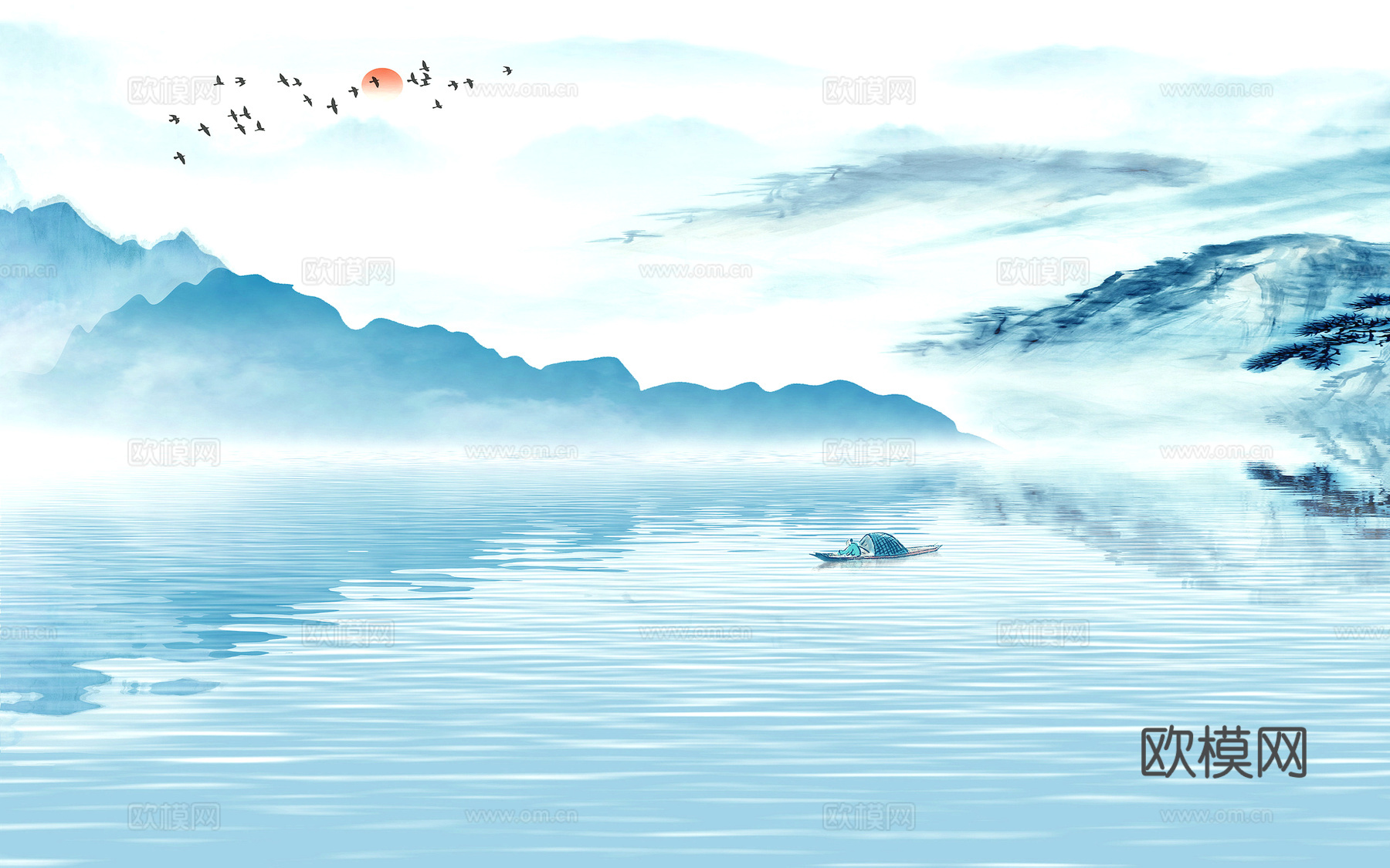 新中式壁纸壁画壁布墙纸墙布云海山水字画花鸟仙鹤荷花花鸟建筑背下载