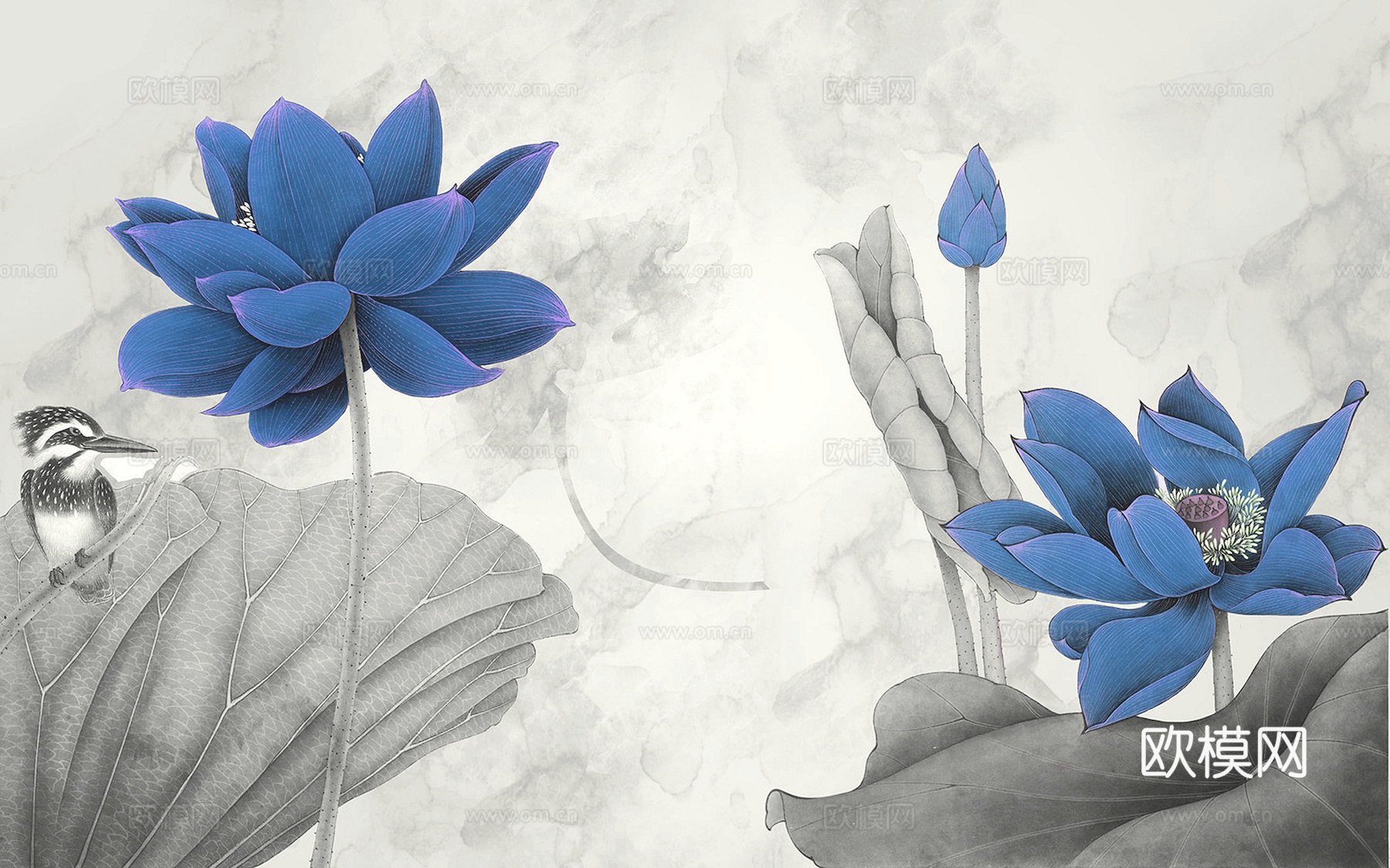 新中式壁纸壁画壁布墙纸墙布云海山水字画花鸟仙鹤荷花花鸟建筑背