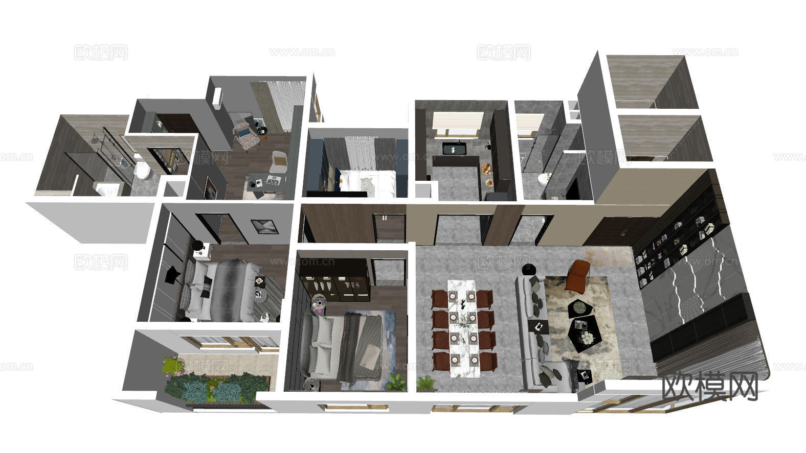 现代家装样板间鸟瞰  客餐厅 装饰摆件 立体户型 厨房su模型