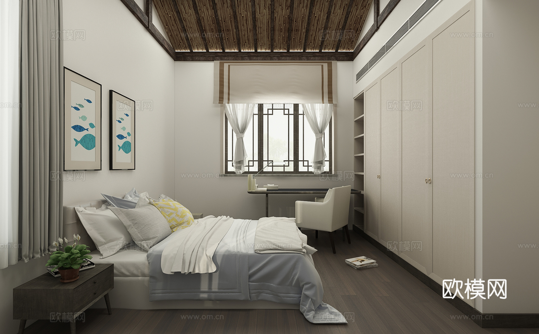 新中式卧室  双人床 台灯 书桌椅子组合 装饰画3d模型下载（渲染图1）