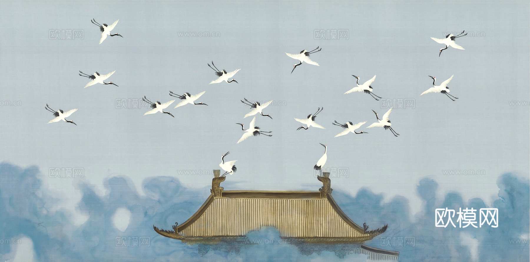 新中式壁纸壁画壁布墙纸墙布云海山水字画花鸟仙鹤荷花花鸟建筑背下载