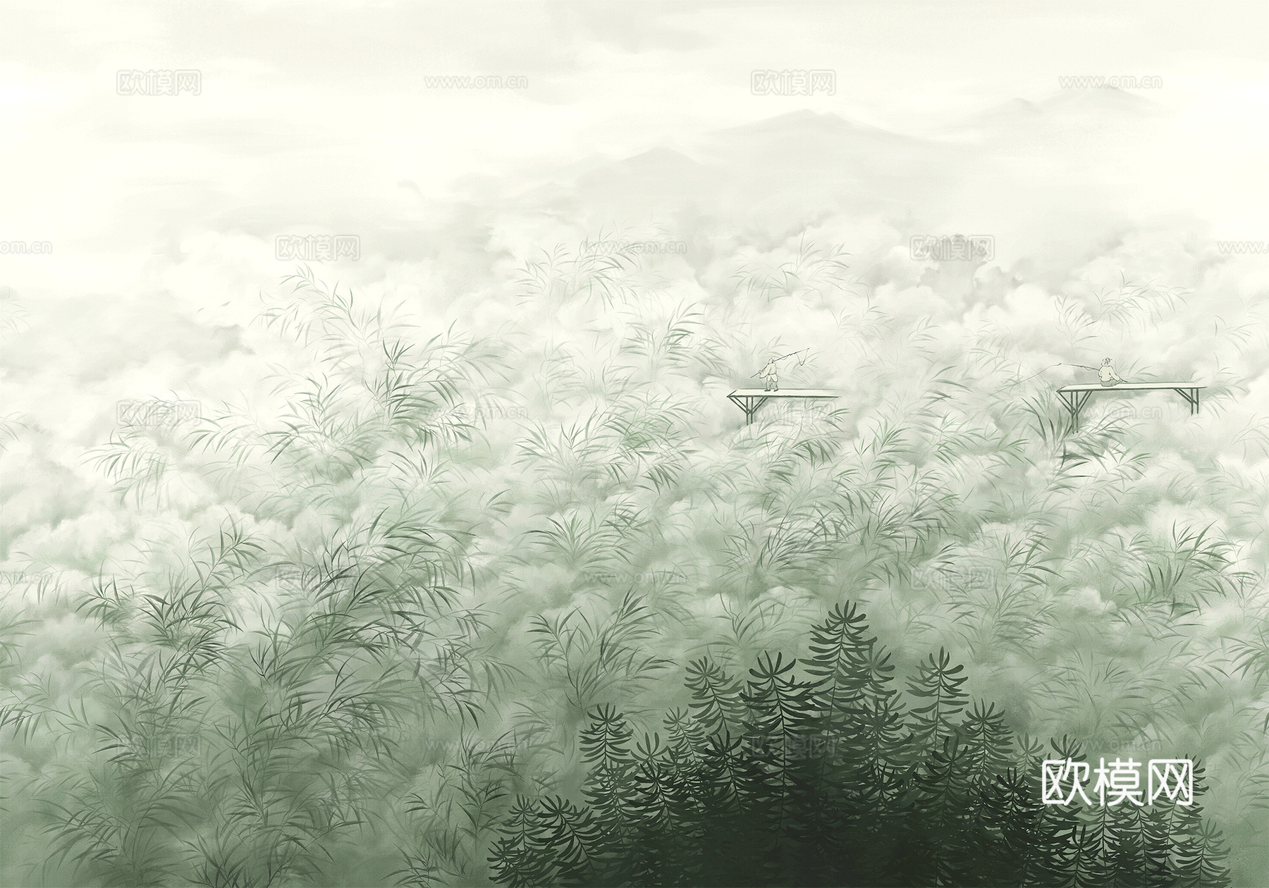 新中式壁纸壁画壁布墙纸墙布云海山水字画花鸟仙鹤荷花花鸟建筑背下载