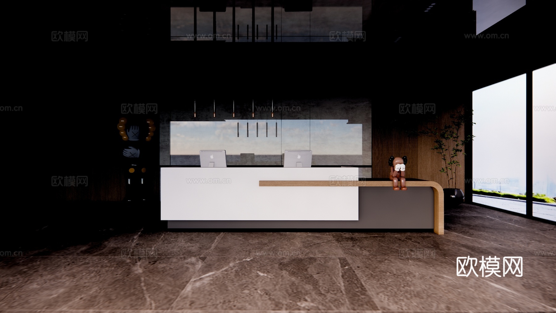 公司前台 展厅 电脑 工装 办公 酒店前台 前台接待su模型