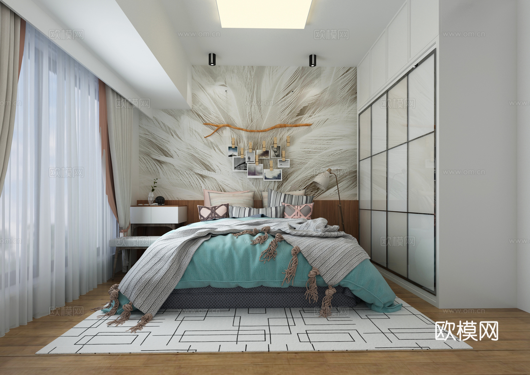北欧卧室 吊灯 双人床 背景墙 衣柜3d模型下载（渲染图2）